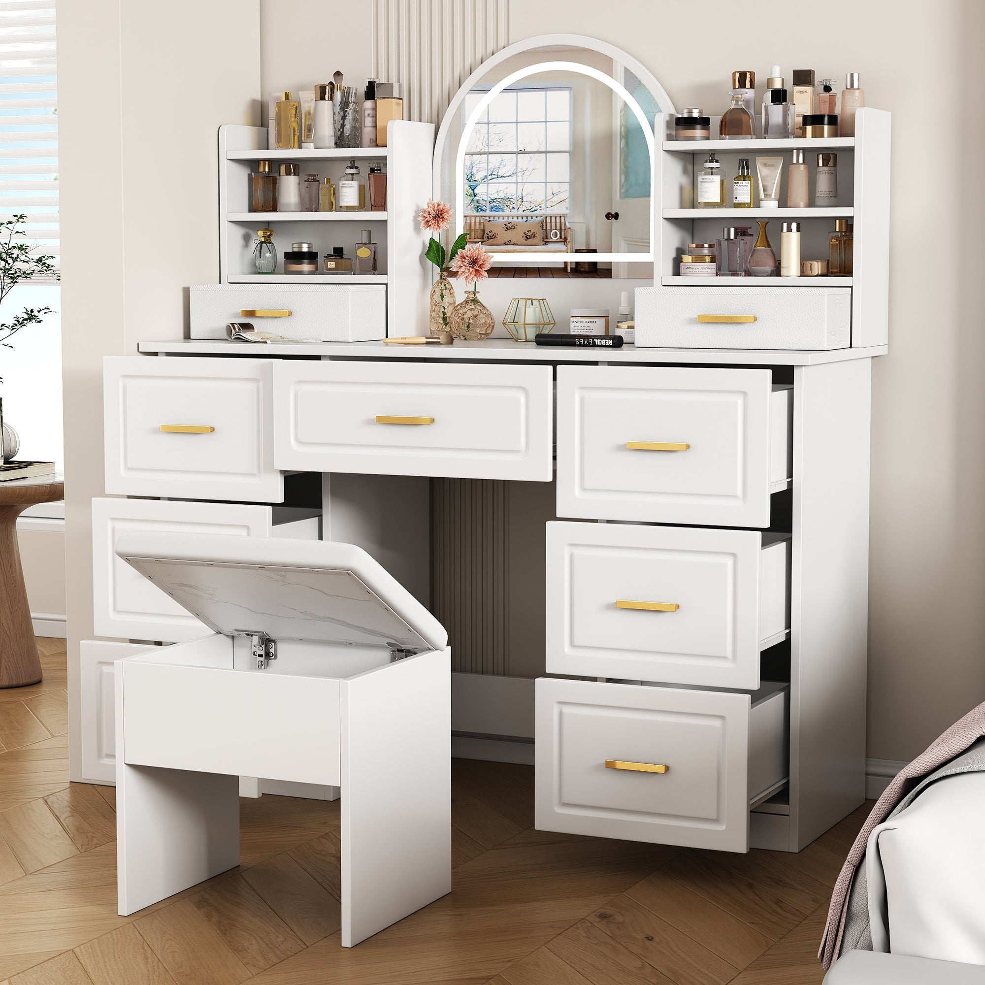 Dressing table with mirror, LED lighting, 9 drawers, white