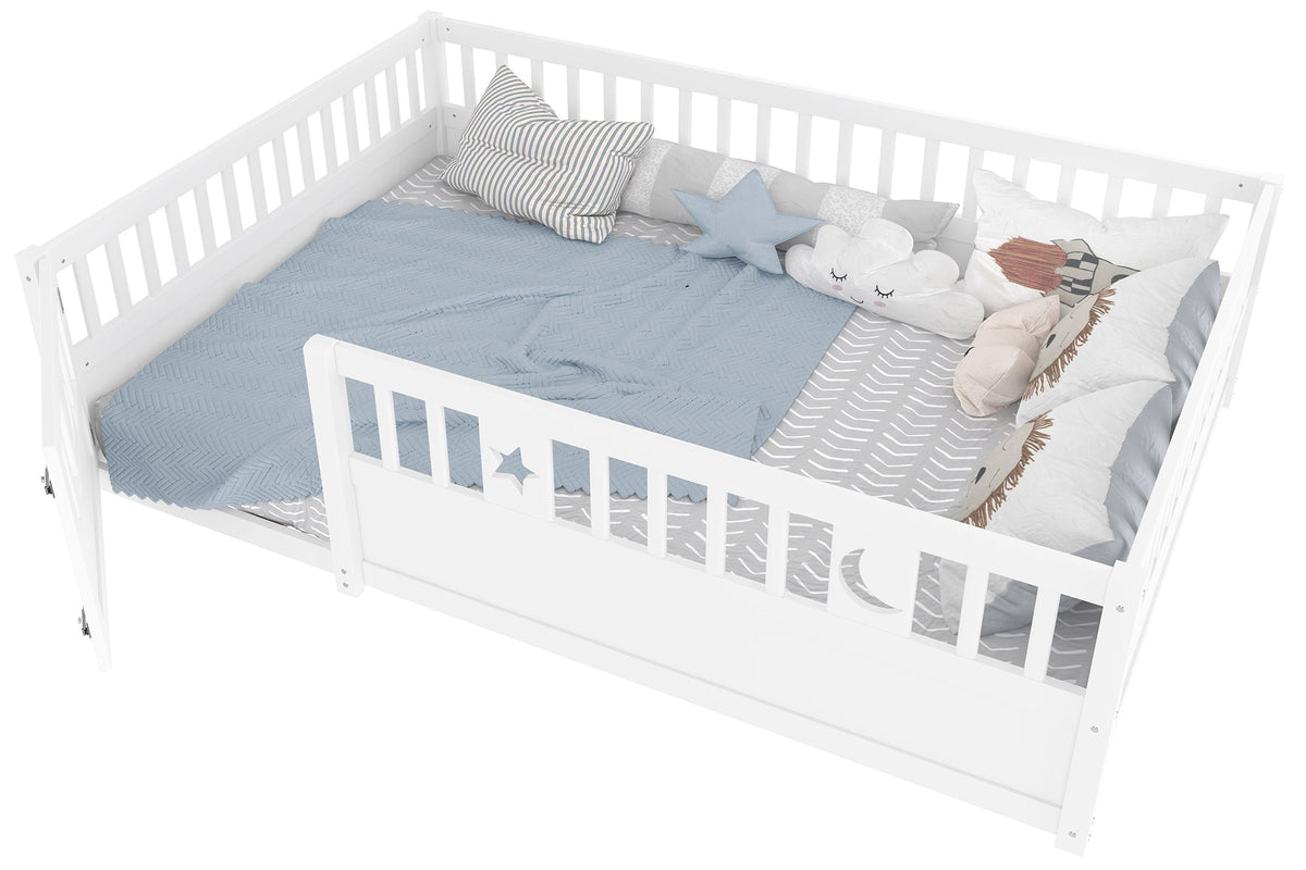 Panel Bed 140x190cm Children's with Railing Star & Moon Decoration - White