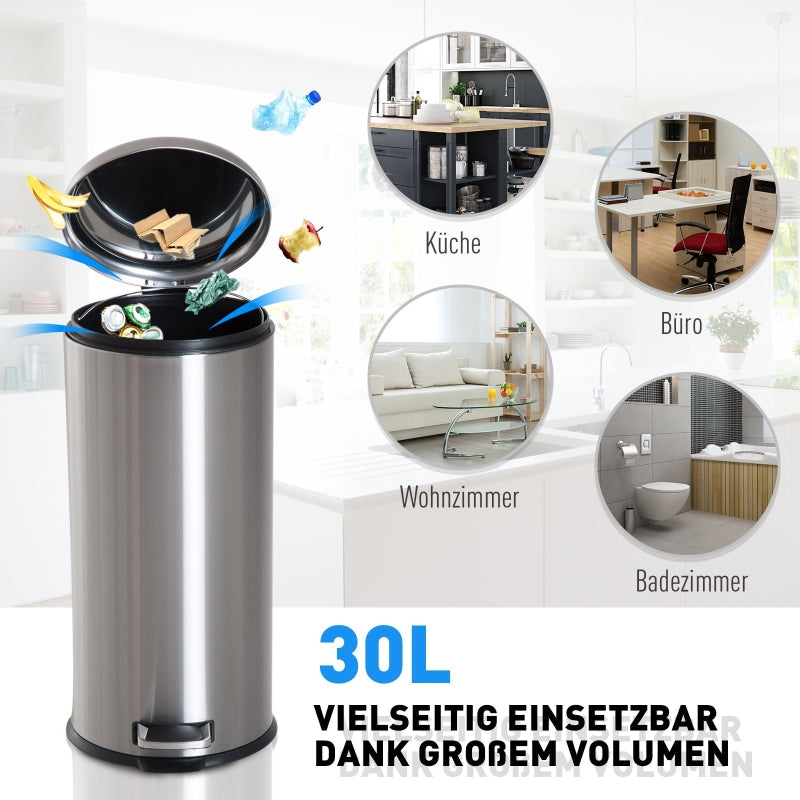 Pedal Bin 30L Inner Bucket Hinged Lid, Stainless Steel Silver