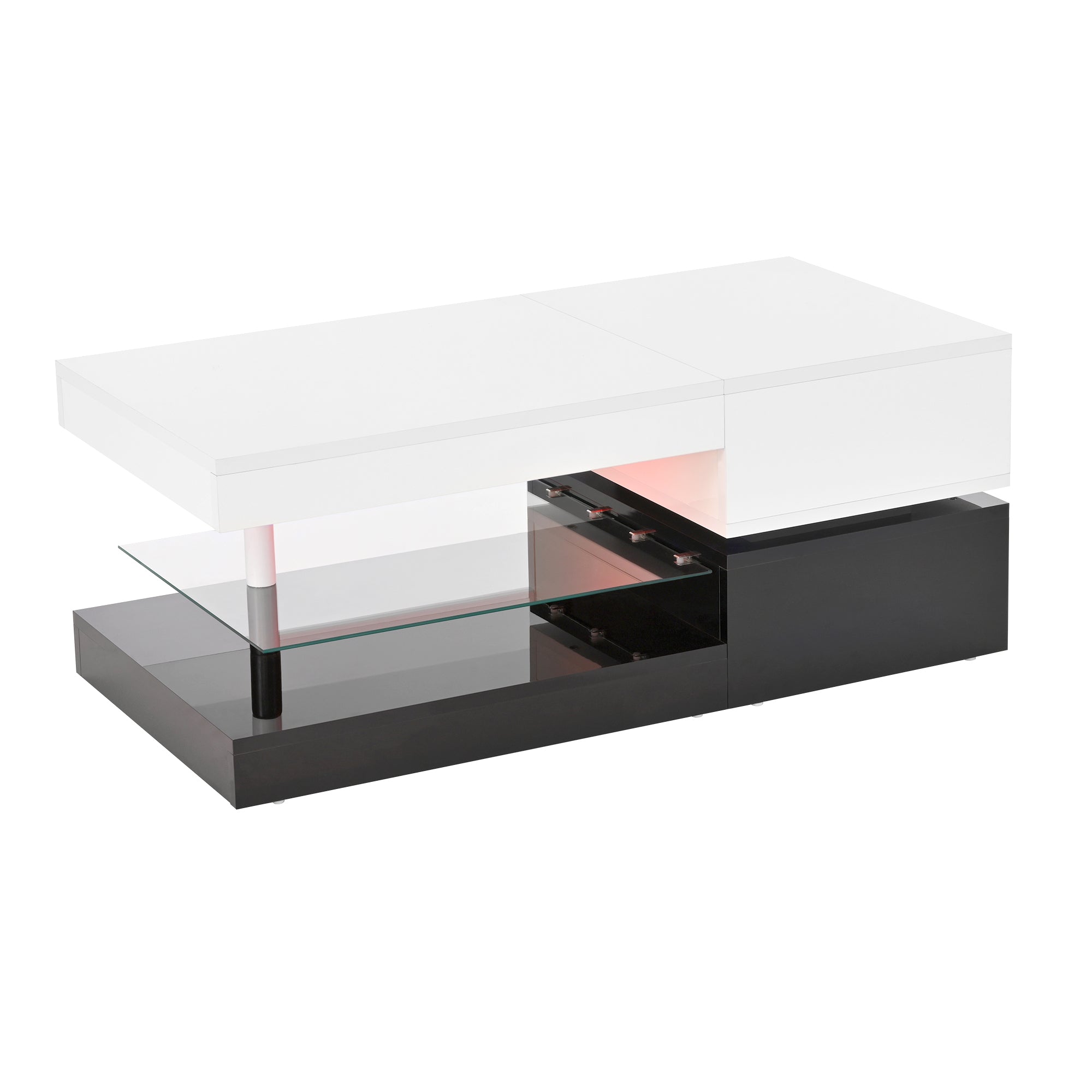 Modern Coffee Table with LED Ambient Lighting, Glass Shelf, High-Gloss Surface, Black and White
