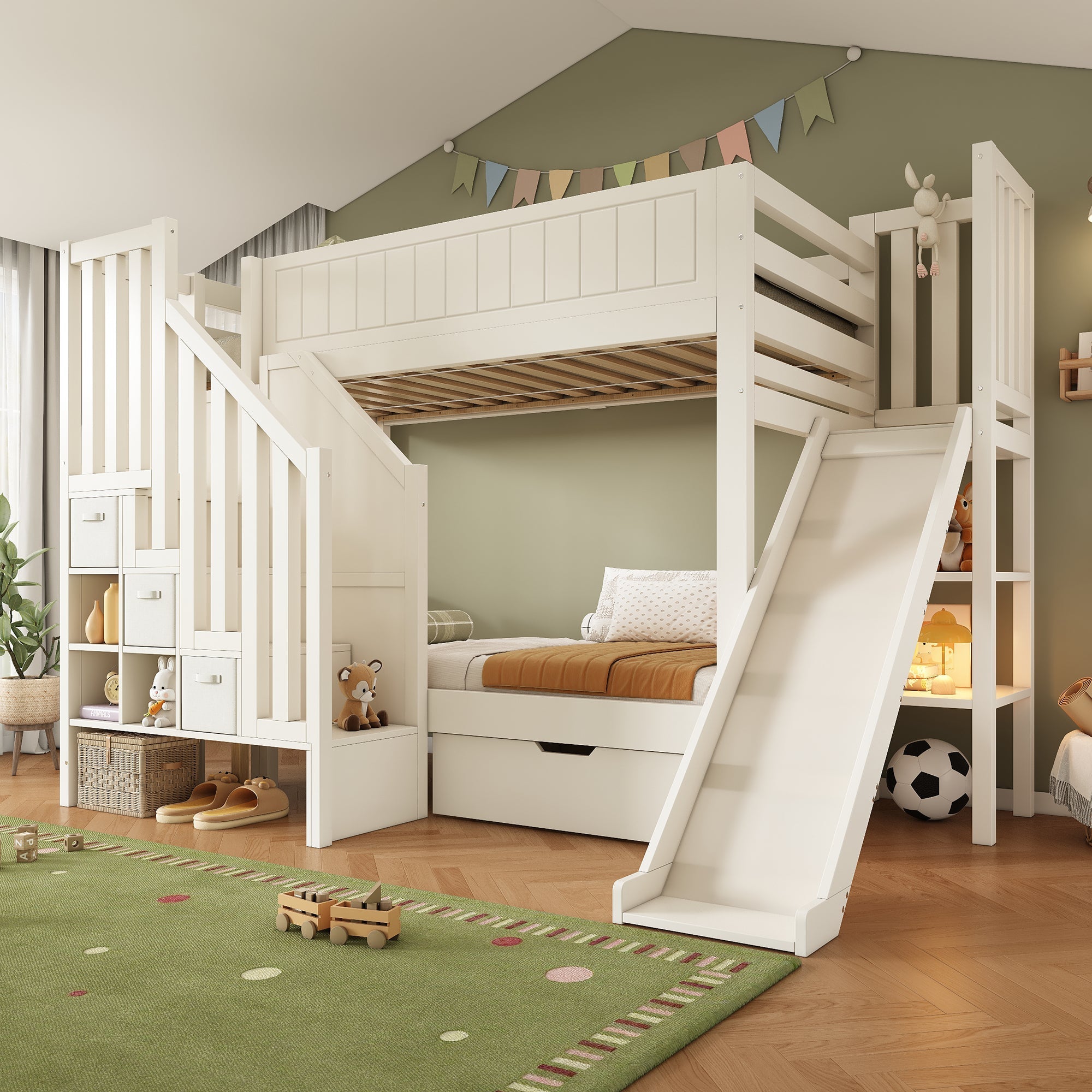 Children's Bunk Bed with Slide, Ladder Wardrobe, Drawers and Shelf, 90x200cm, White