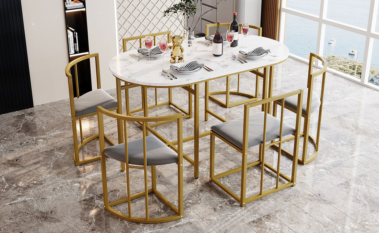 Dining Table Set (6-Piece) with White Table, Gray Upholstered Chairs & Gold Iron Frame