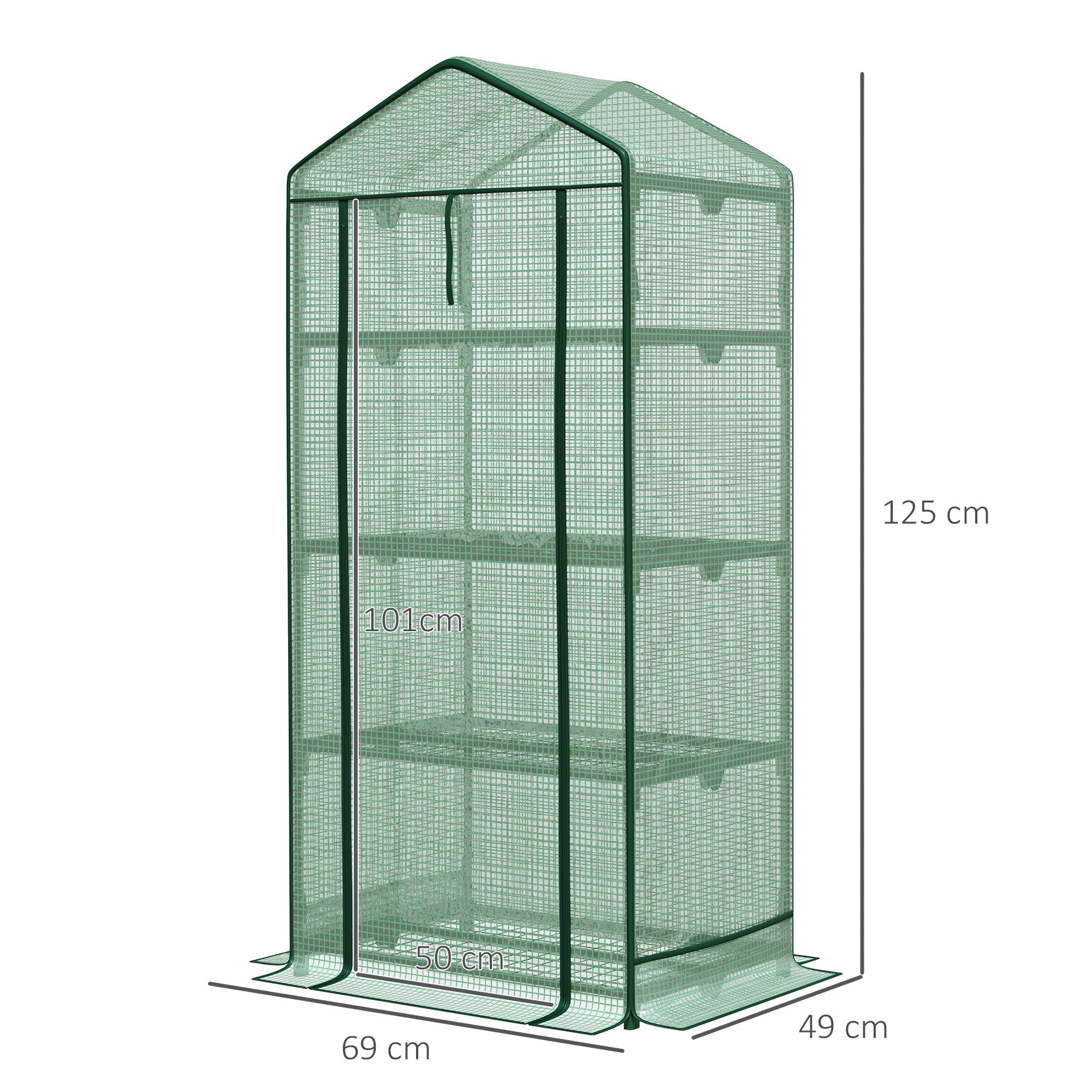 Outsunny Mini Greenhouse with 3 Shelves and Roll-Up Door, 69 x 49 x 125 cm, Green Foil