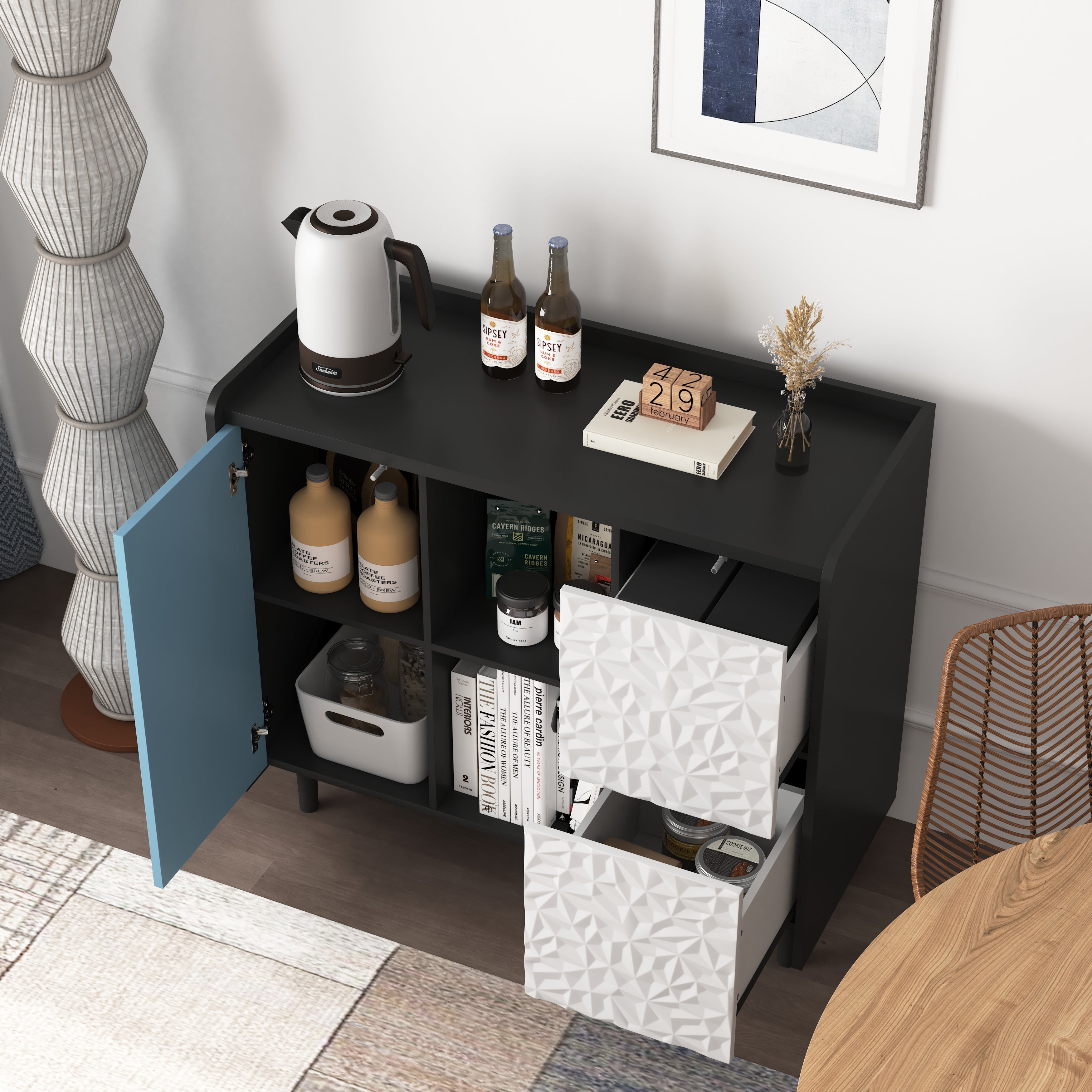 Sideboard Buffet Cabinet 2 Drawers 2 Open Storage - Black/Blue Doors