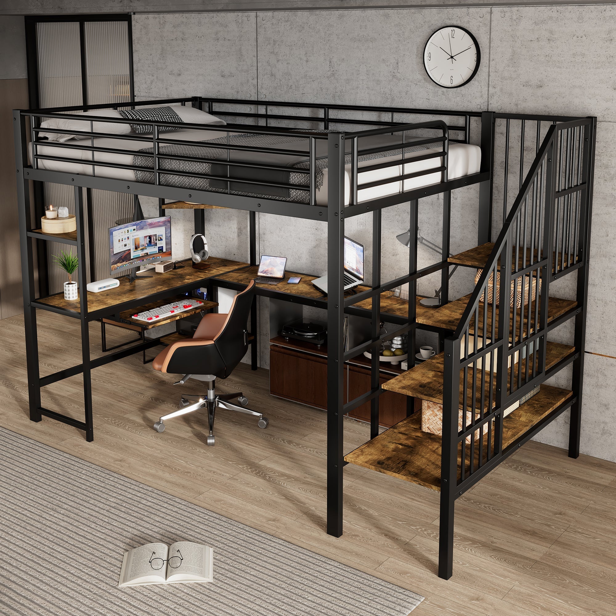 Iron Loft Bed, Charging Port Corner Stairs Desk Storage 120x200cm, Black Iron + MDF
