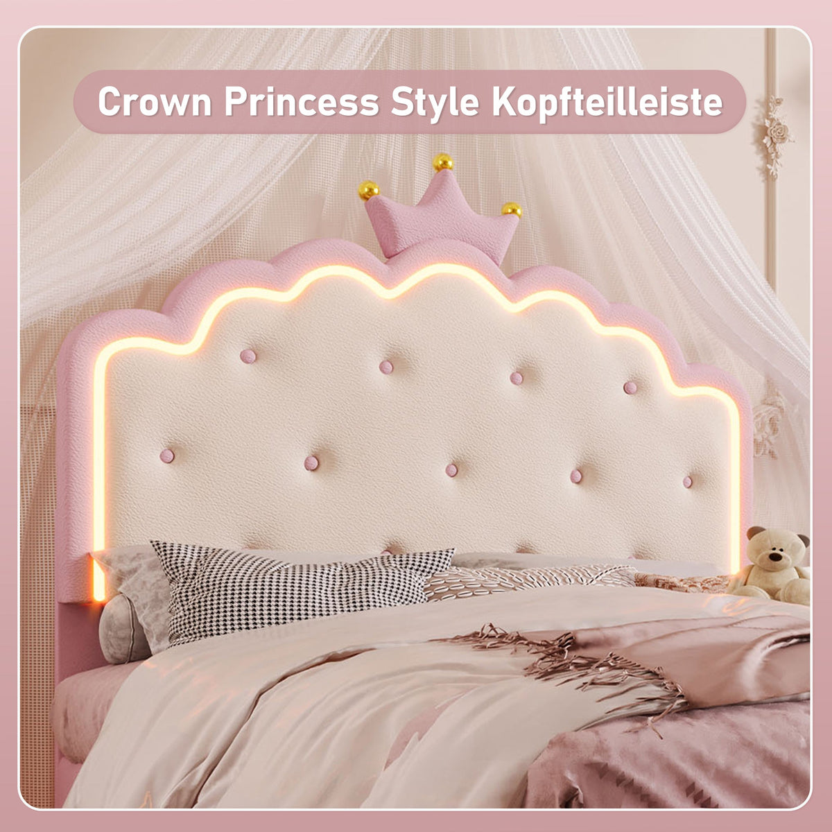 Upholstered Bed 140x200cm Princess Shape Ambient Light PU Pink