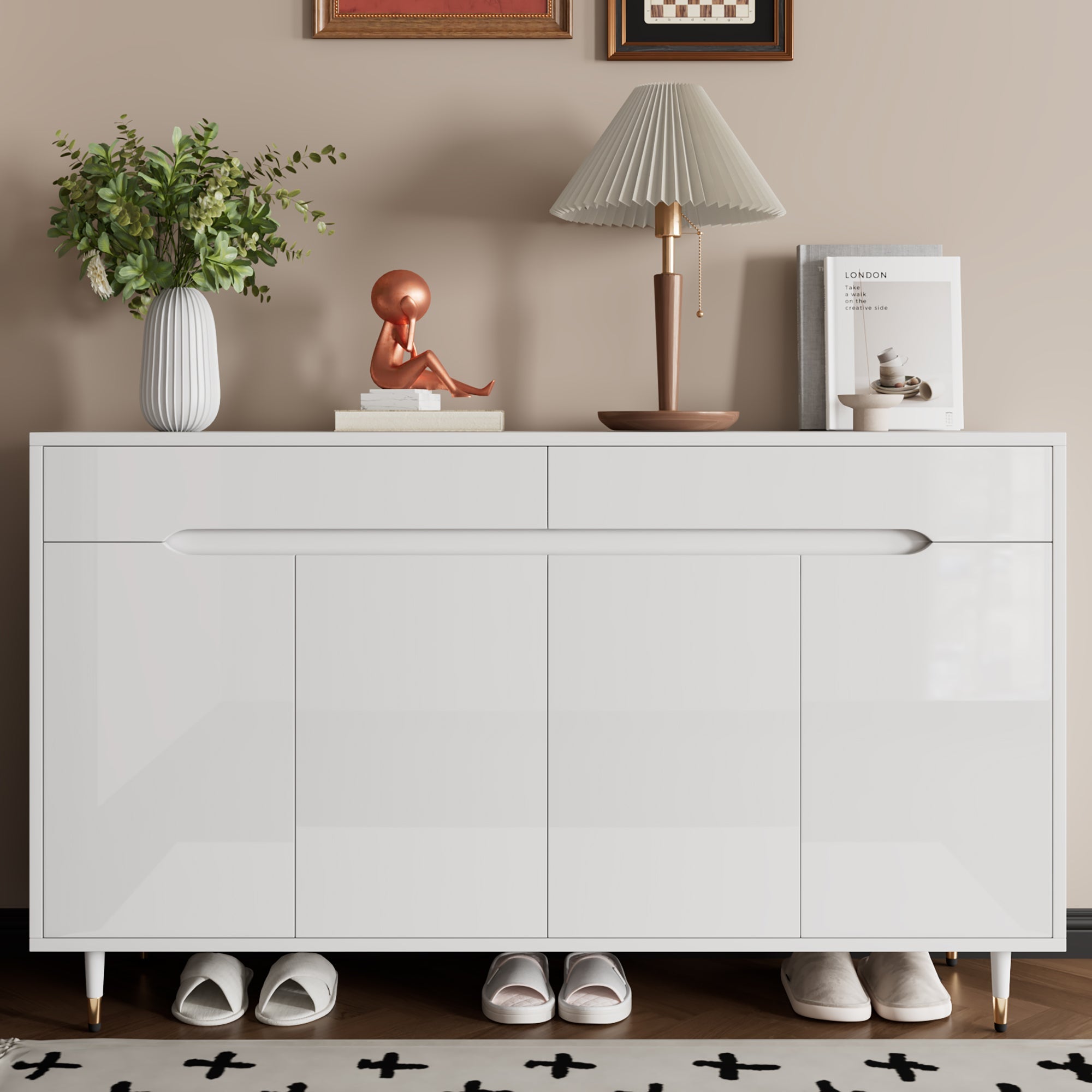 Modern Shoe Cabinet, 2 Doors 2 Drawers Adjustable Shelves, Gold Legs