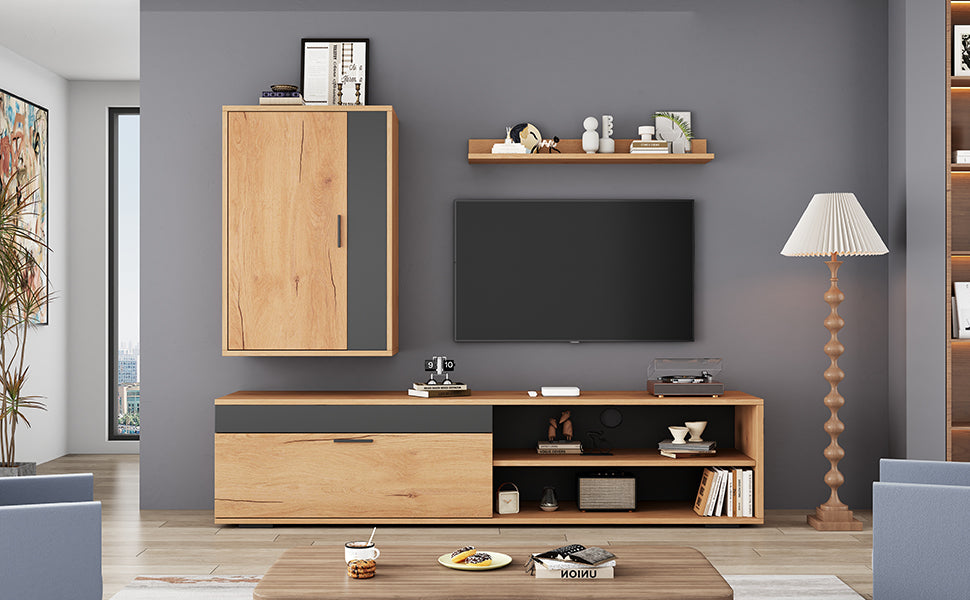 TV Wall Unit Set, 3-Piece Media & Storage, Wood + Black