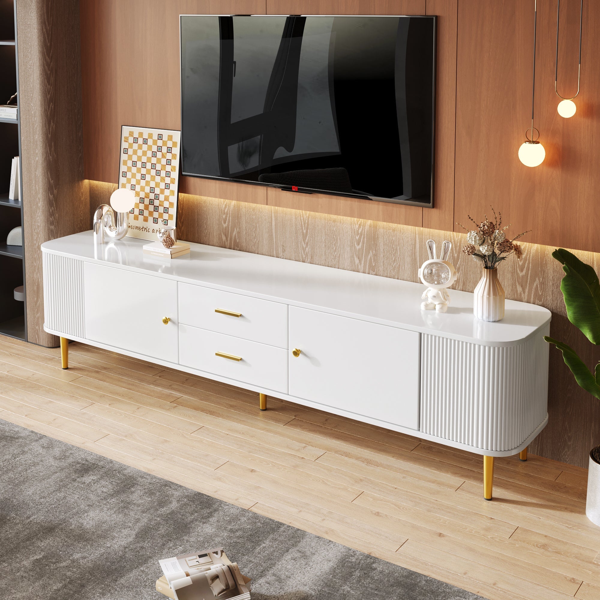 TV Cabinet, Curved Corners Wavy Sides Drawers, Gold Handles and Legs