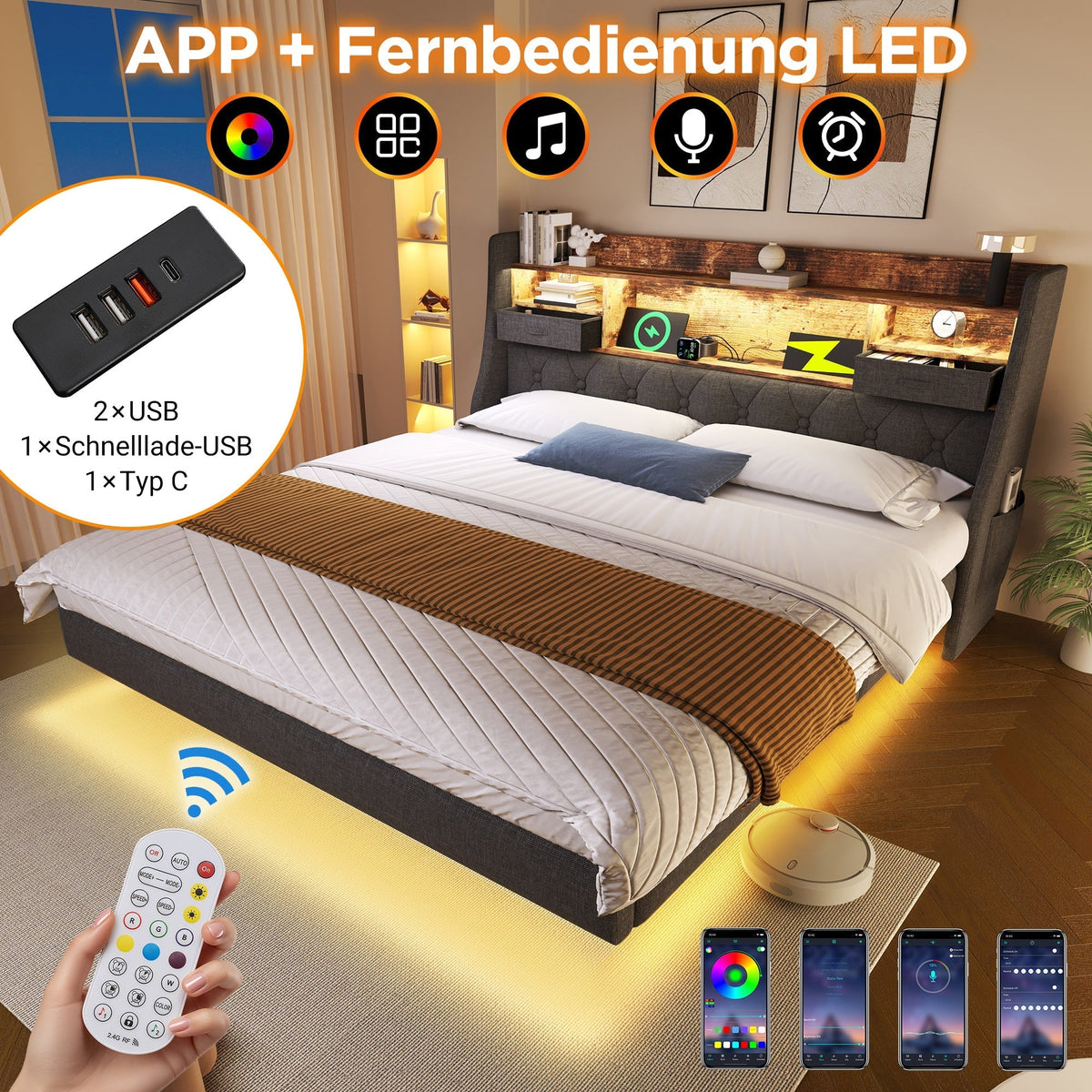 Upholstered Bed 180x200 Floating LED Charging Station Storage Headboard, Linen Grey