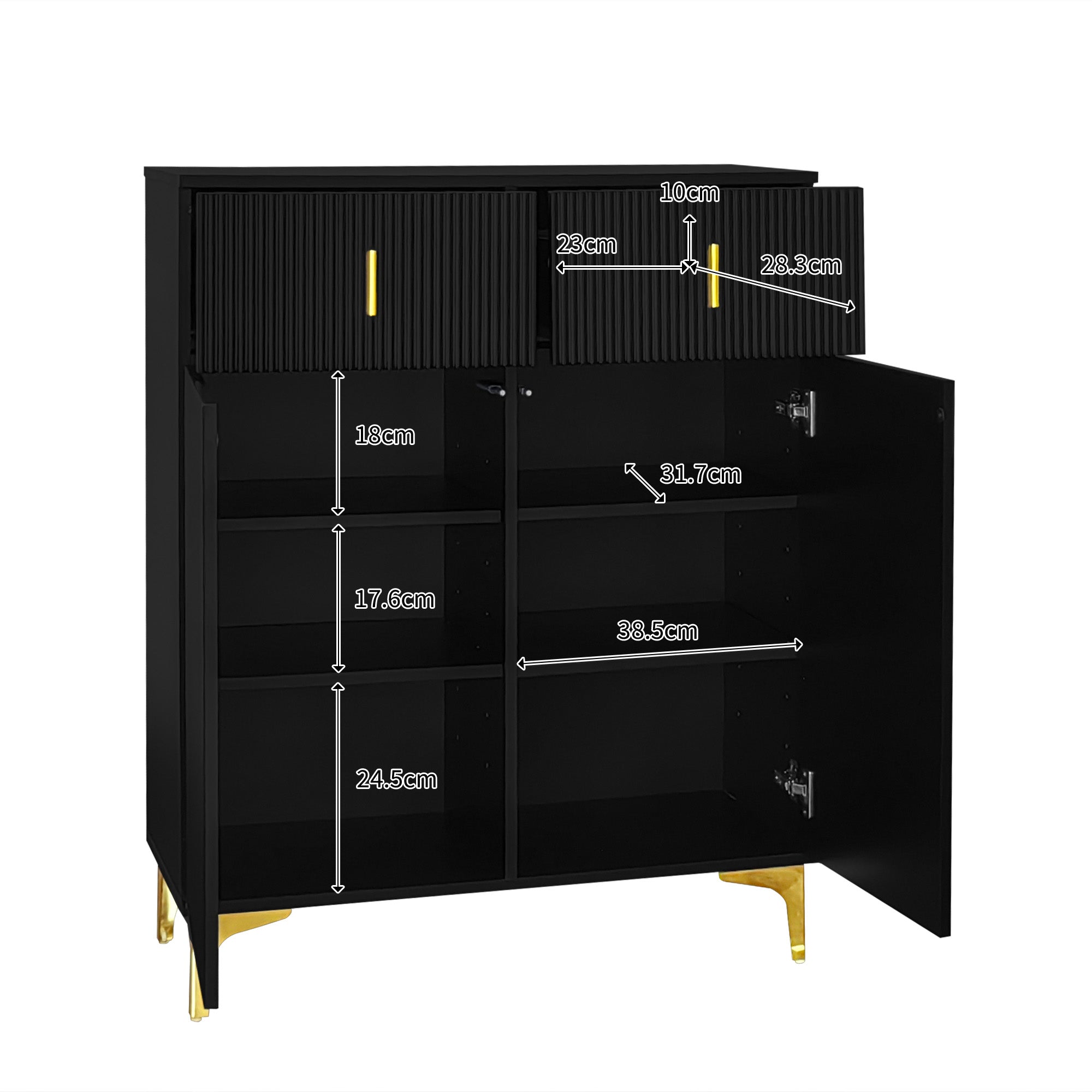 Sideboard/Shoe Cabinet with Adjustable Shelves, Drawers, Gilded Decorations, Black