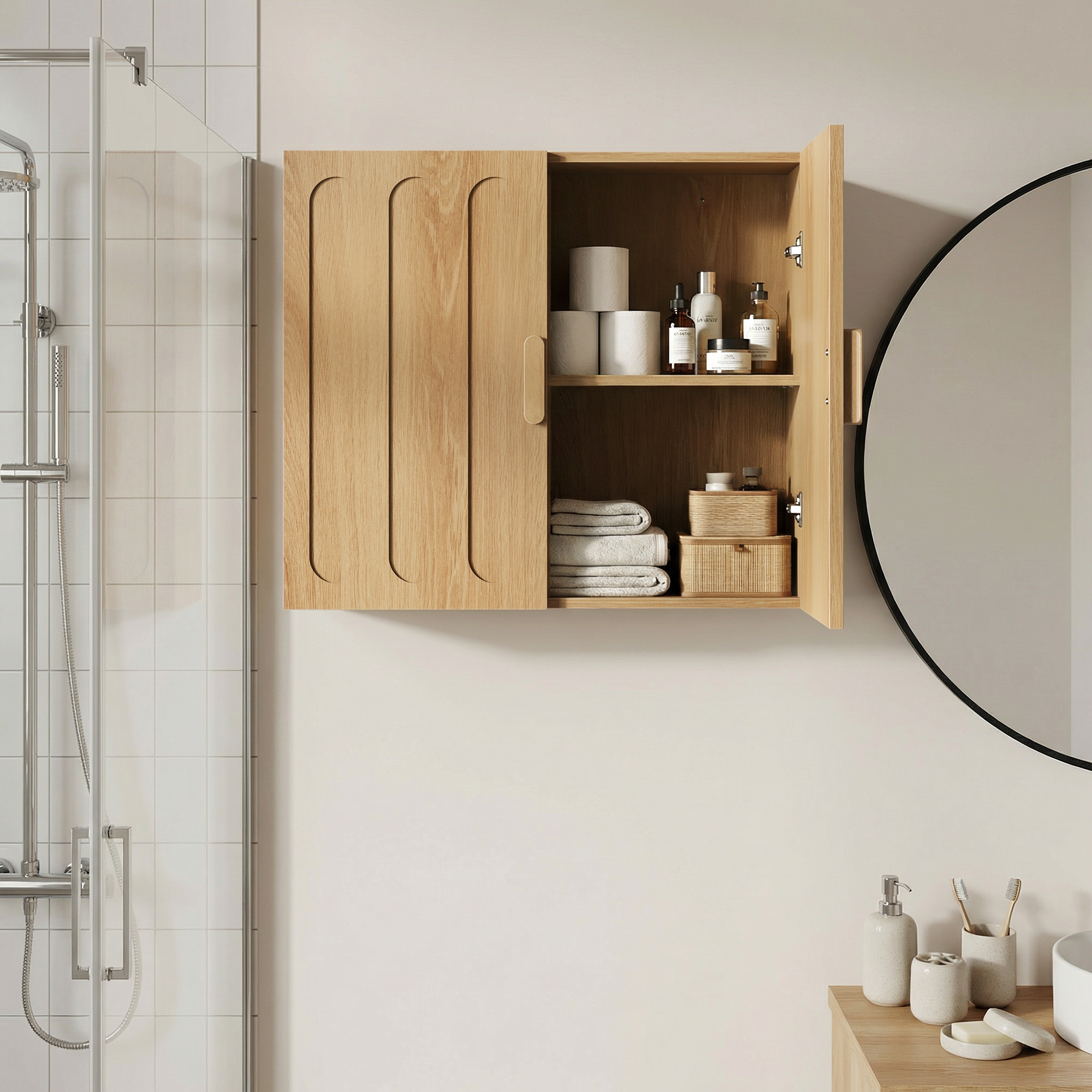 Wall-Mounted Bathroom Medicine Cabinet with Adjustable Shelves for Laundry and Kitchen, Oak Color
