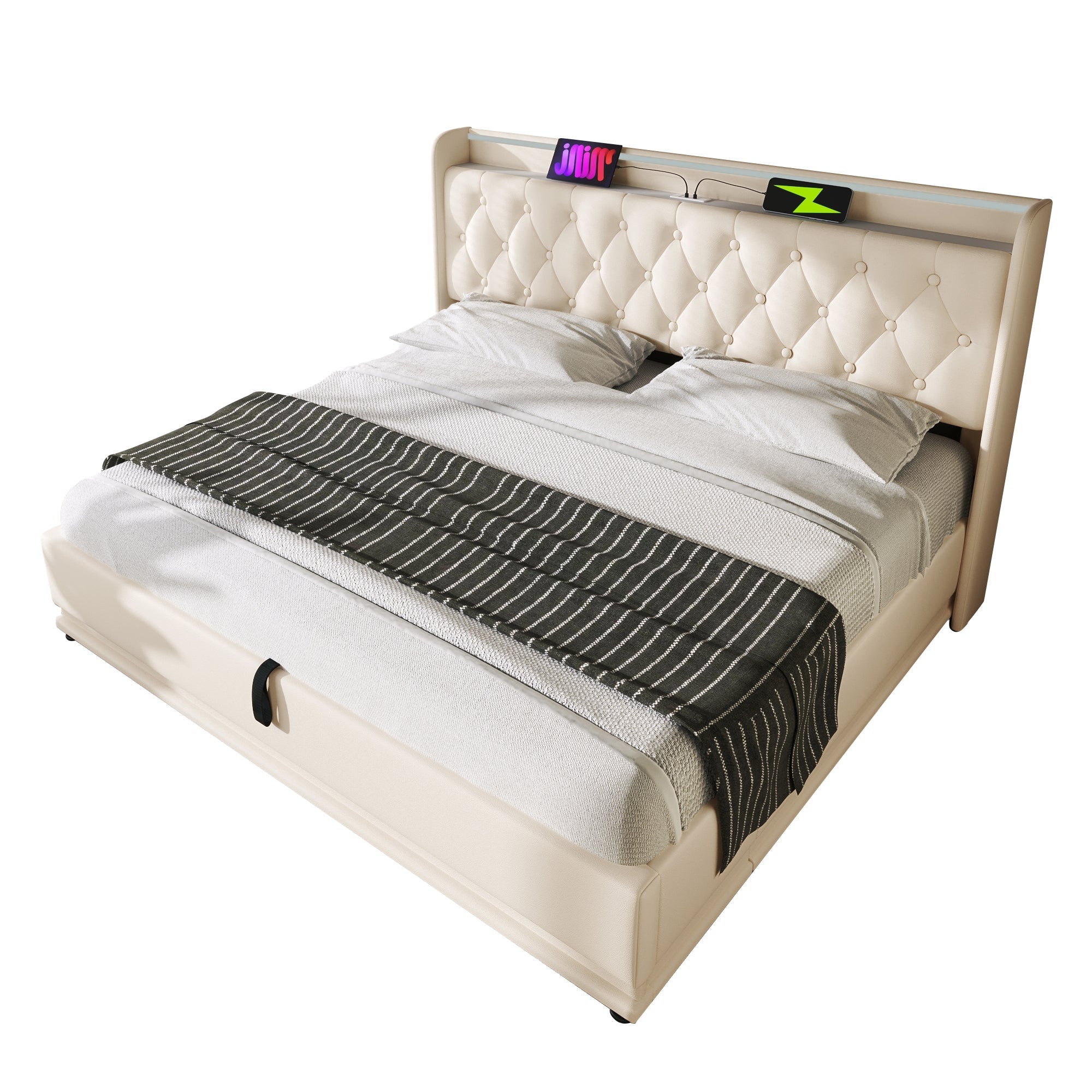 Upholstered Double Ottoman Bed with 360 Surround LED, Hydraulic Storage, Charging Function, PU, White