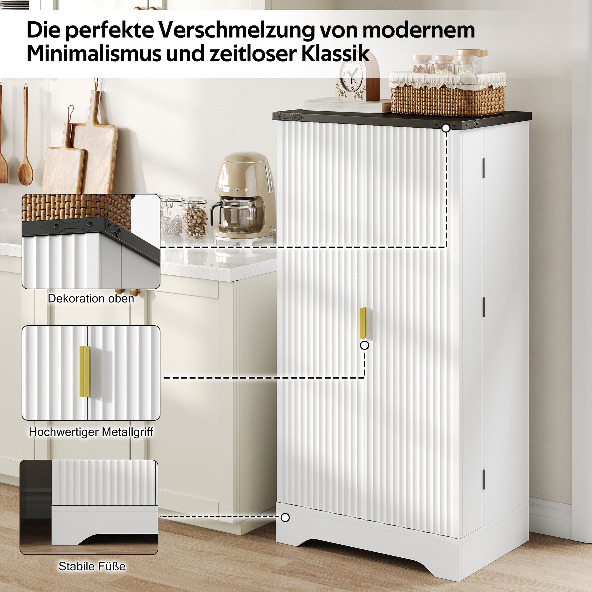 Küchenschrank mit LED-Beleuchtung, Gewürzregal, verstellbaren Einlegeböden, Doppeltüren - Weiß