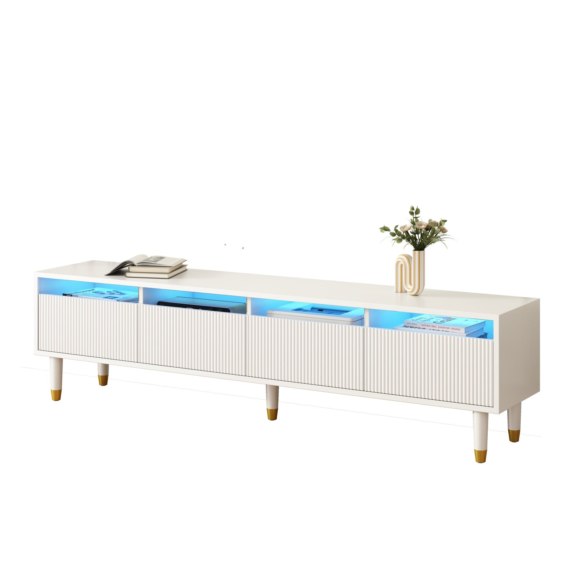 LED Furniture Set, 4-Door TV Stand & Coffee Table with 2 Drawers, White Gold Design