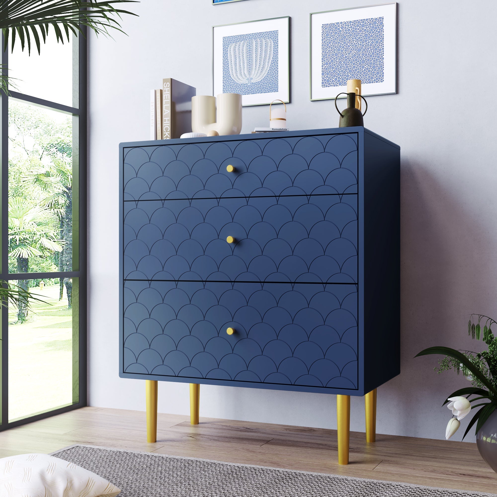 Chest of Drawers 3-Drawer Sideboard Highboard - Navy Blue
