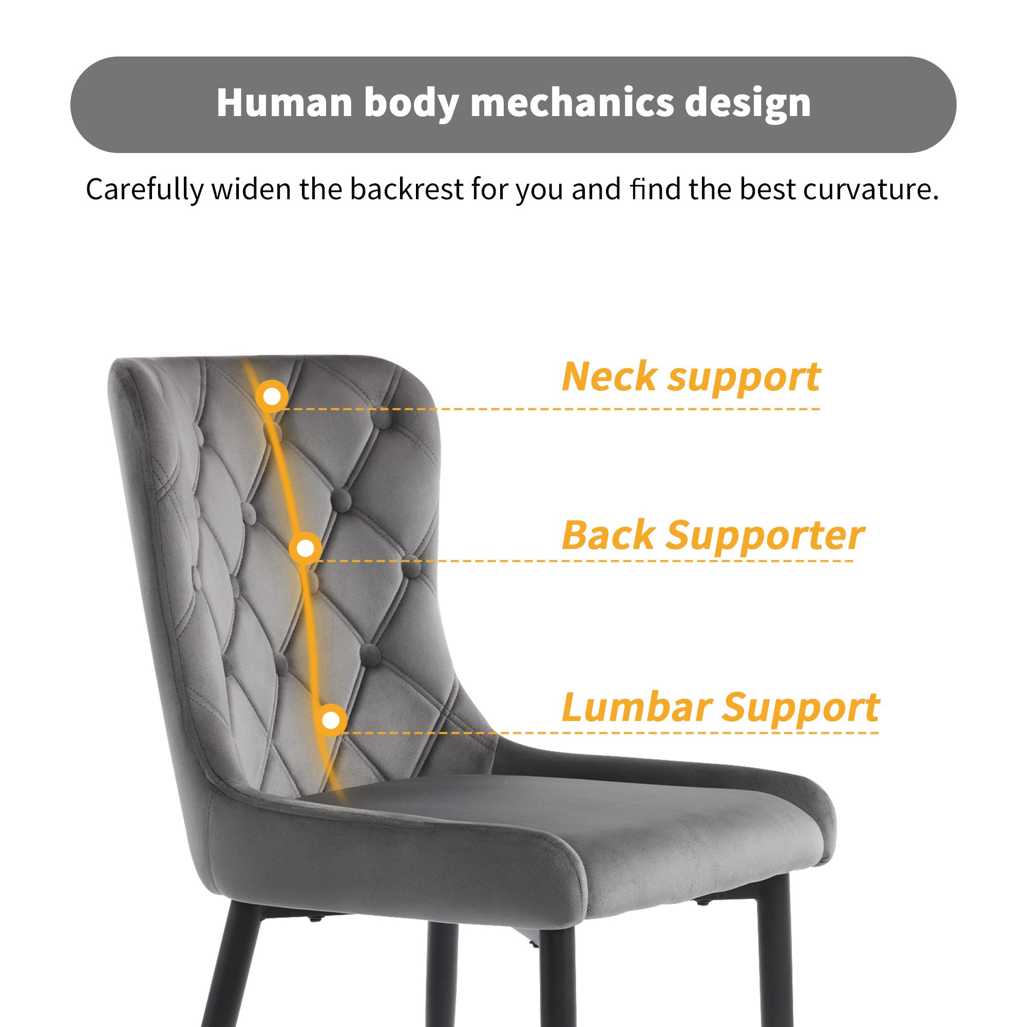 Dining Chairs with Backrest (Set of 2), Velvet Upholstered, Metal, Ergonomic, Dark Gray