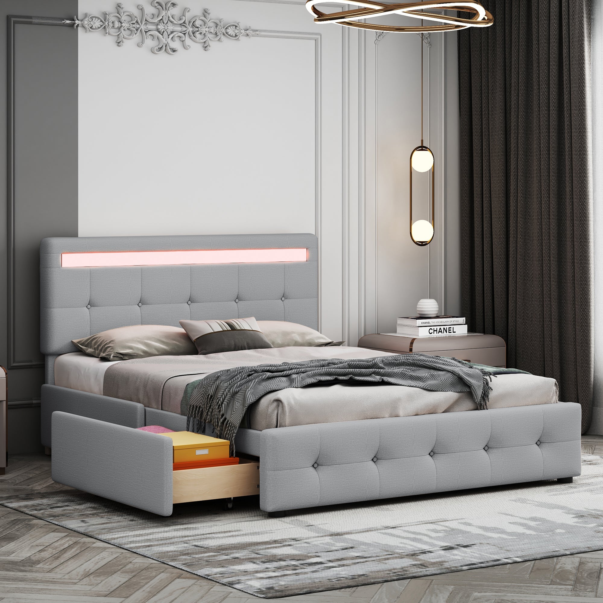 Upholstered Bed, 140x200cm, LED, 4 Drawers, Linen, Grey
