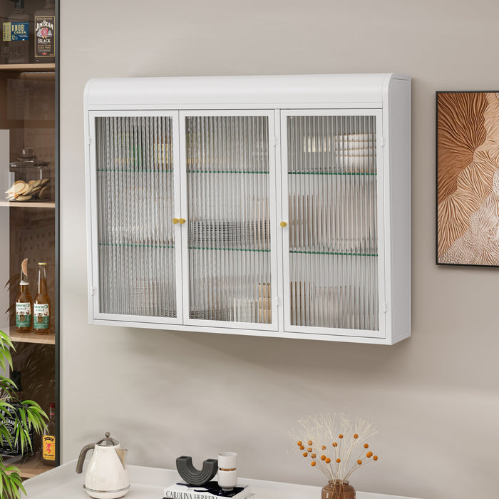 3 Door Arched Wall Mounted Cabinets for Kitchen, Living Room, Bathroom, White Glass