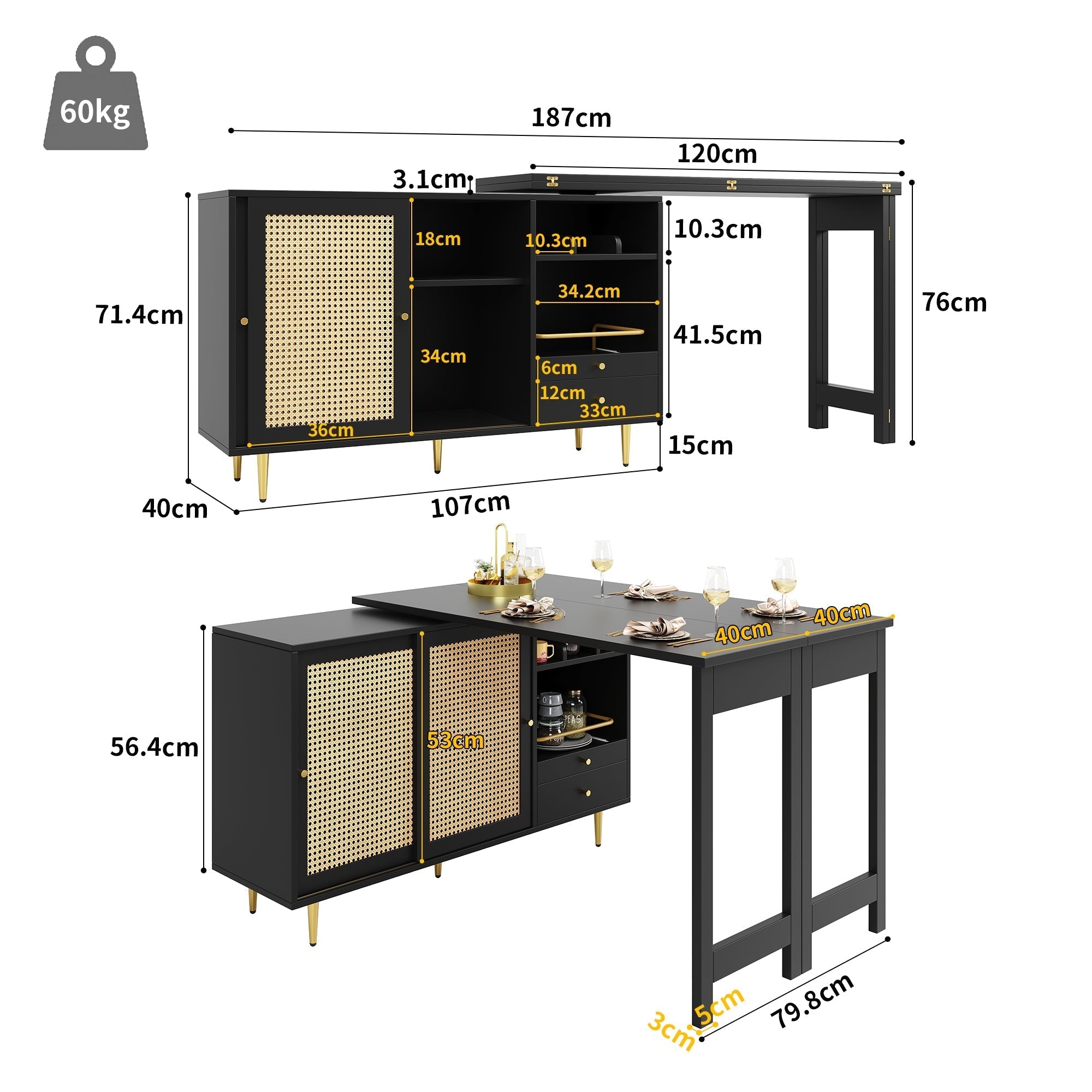360° Rotating Bar Table Extendable Rattan Storage Cabinet Black