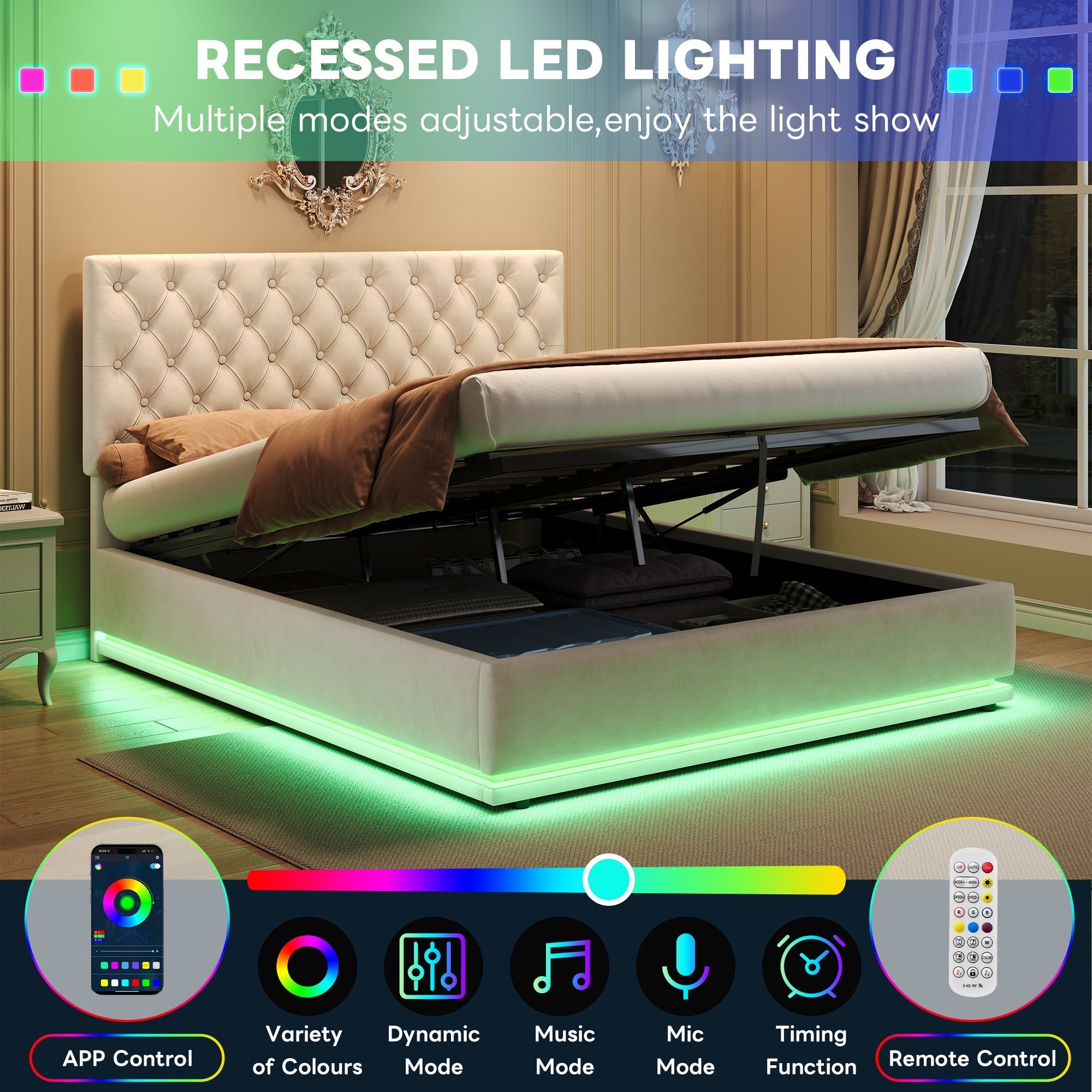 Double Ottoman Bed with LED, Hydraulic Storage, Adjustable Headboard, Velvet Beige