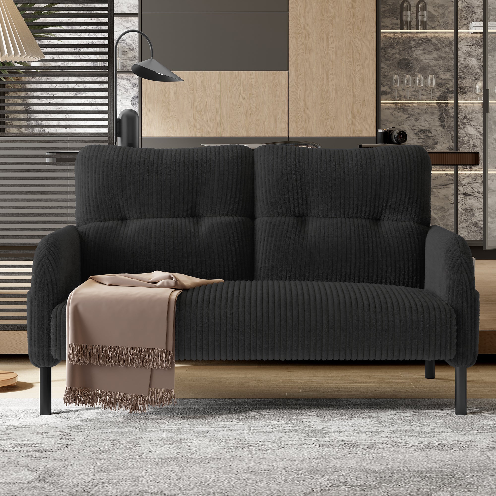 Corduroy Two-Seater Sofa, Comfort Padding High Backrest Side Pockets, Metal Feet