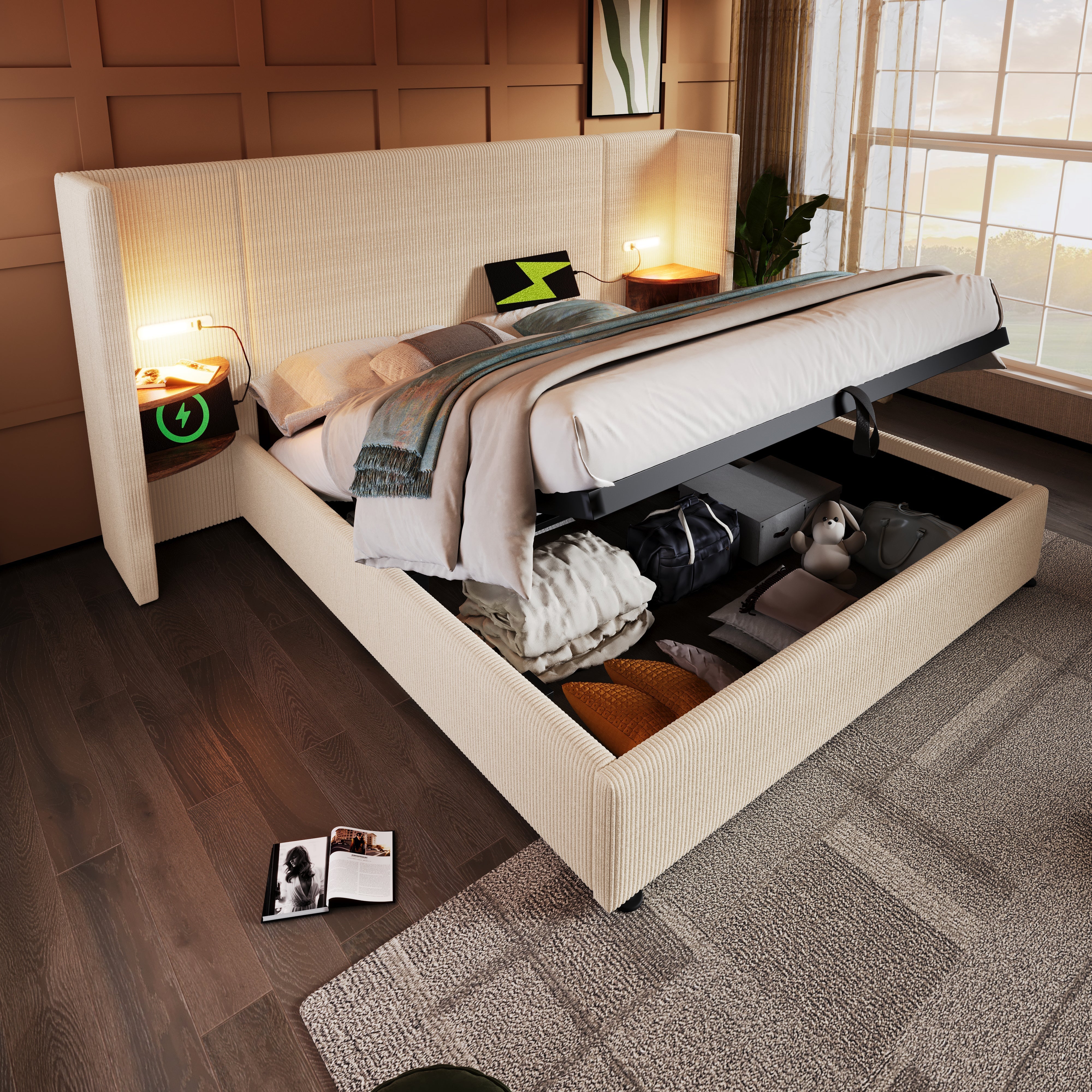 Upholstered Double Bed 180×200 with Bedside Table, Reading Lamp, USB-C, Solid Wood & Metal Frame, Beige-White Corduroy