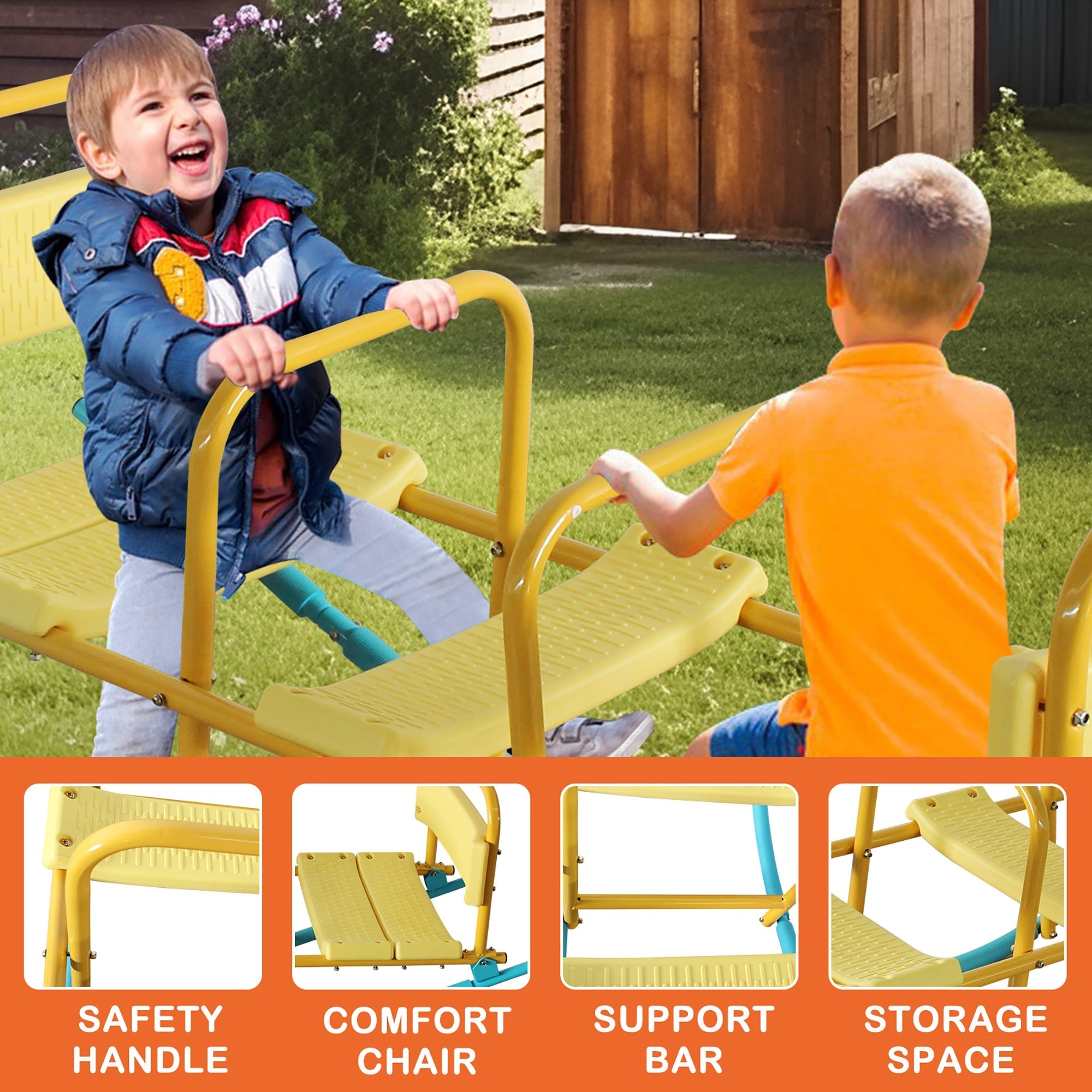 3-Person Wippe, robuster Stahlrahmen, Blau/Gelb