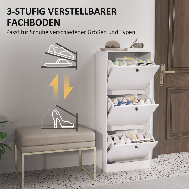 Schuhschrank mit 3 Klappen, verstellbarer Einlegeboden, 12 Paar, Weiß