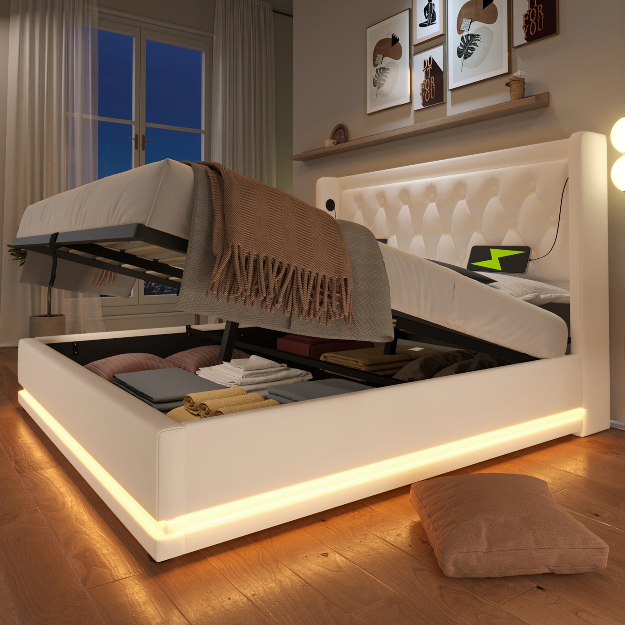 Upholstered Double Bed, 140*200cm Hydraulic Storage with LED & USB, White PU