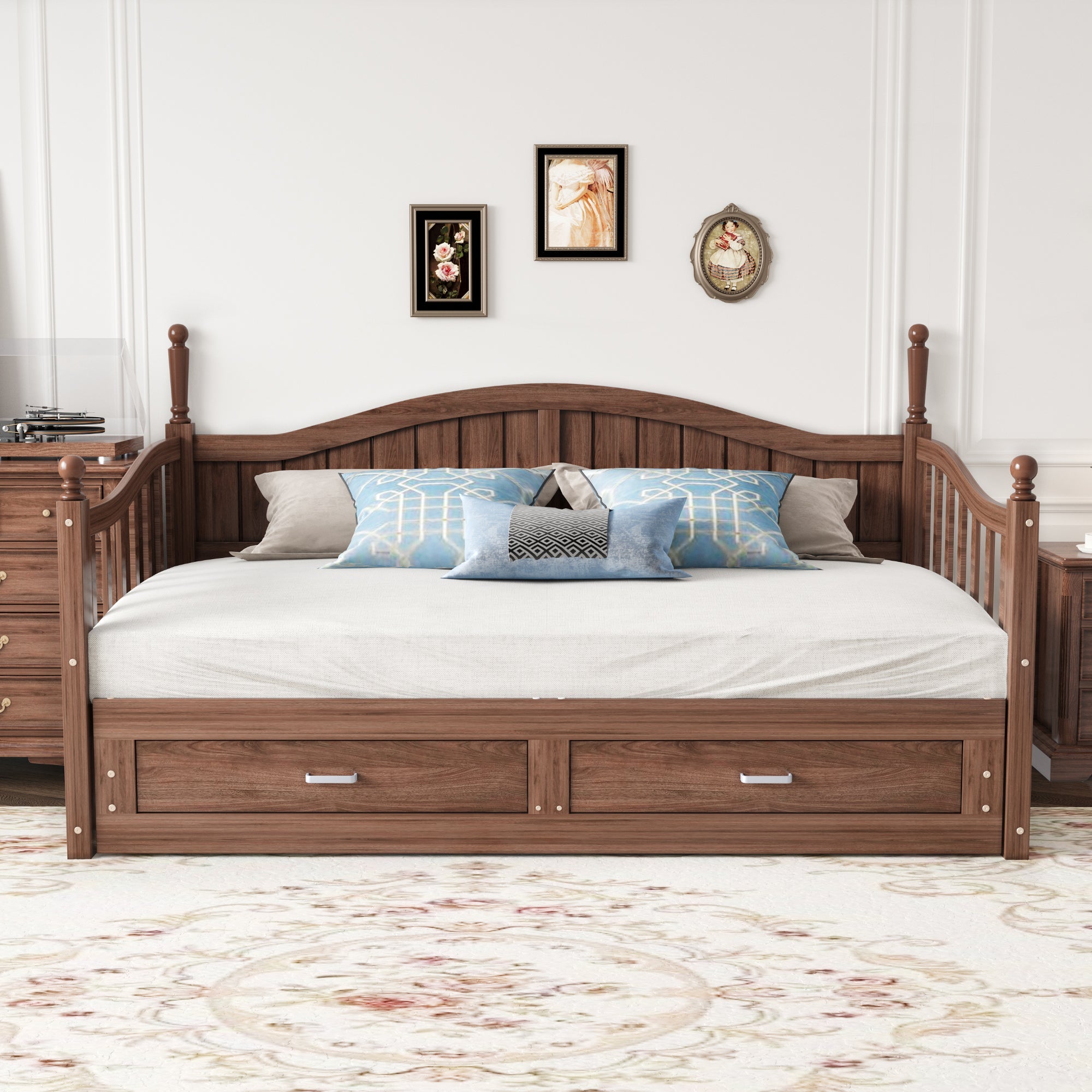 Sofa Bed, Pull-Out 90/180*190cm with Drawers & Slatted Frame, Solid Pinewood Walnut