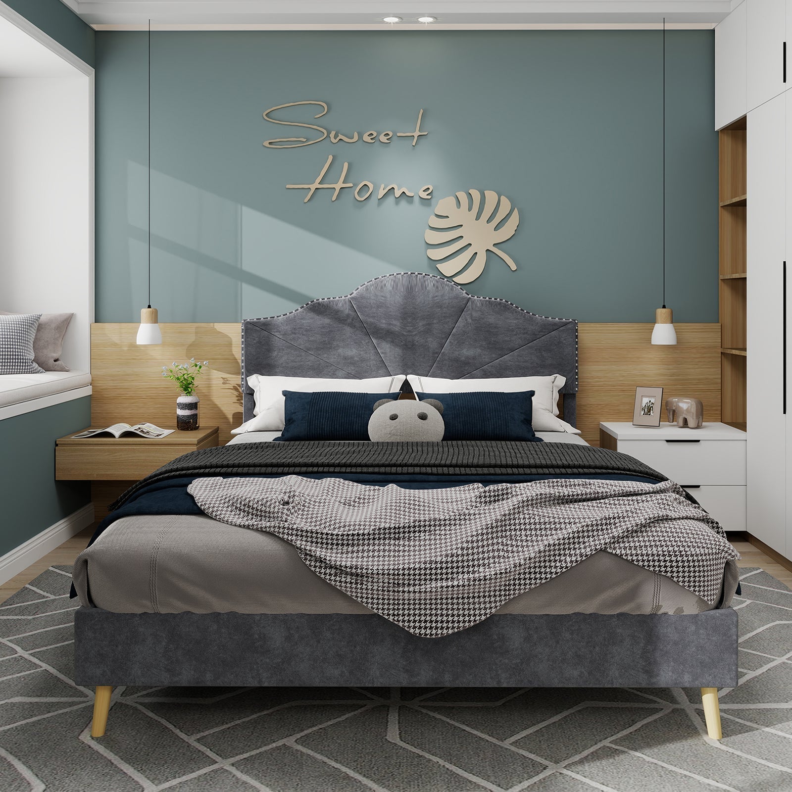Modern Minimalist Soft Bed, Comfortable Headboard, 160x200cm, Gray