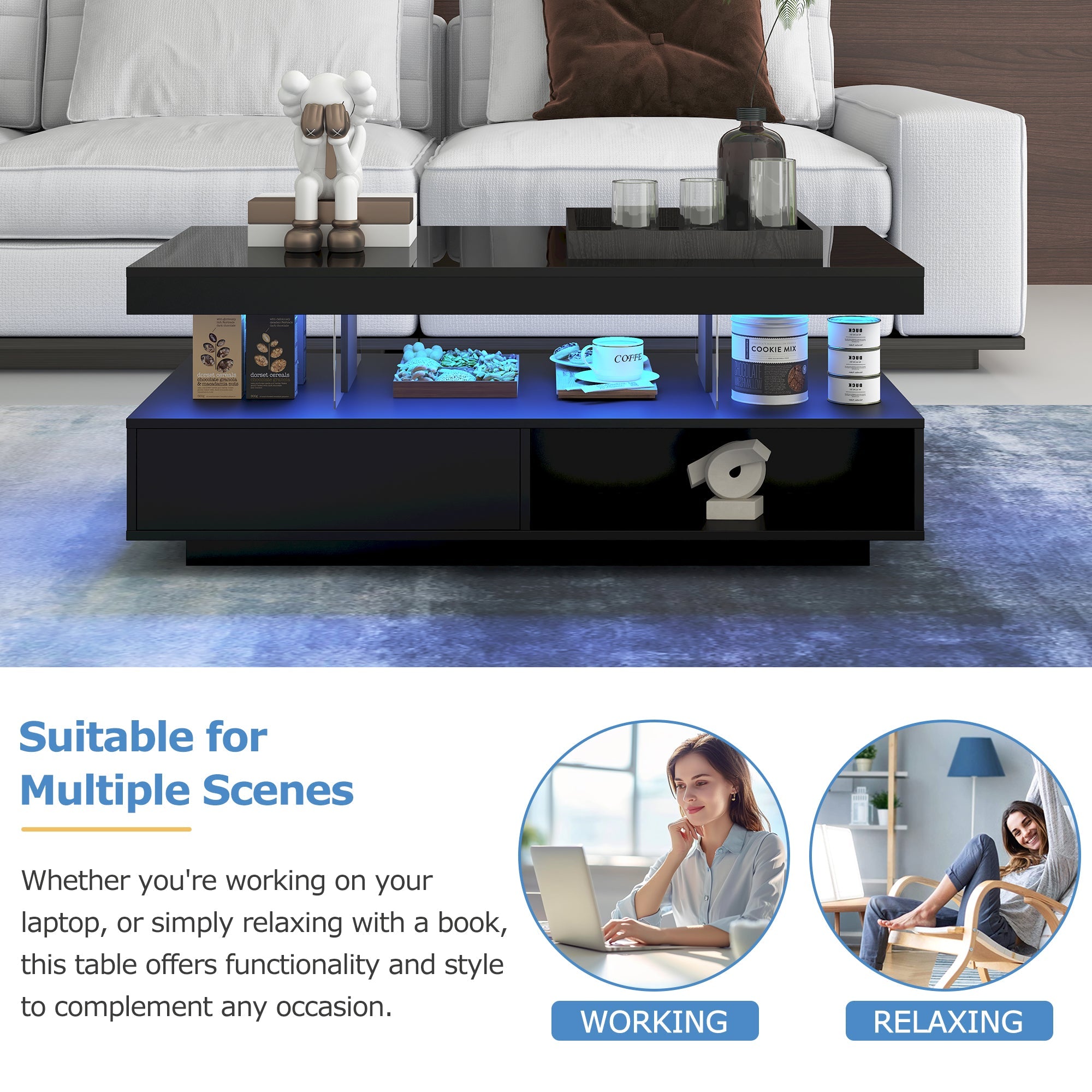 Black High-Gloss Coffee Table with Glass Tops & Drawers