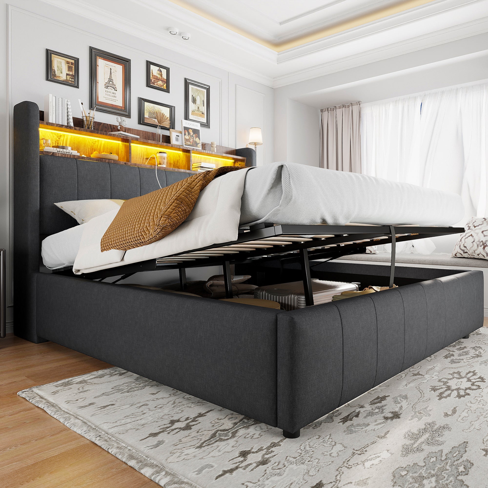 Upholstered Bed 160*200cm, LED Lighting, USB Socket, Hydraulic Storage, Linen Fabric Gray