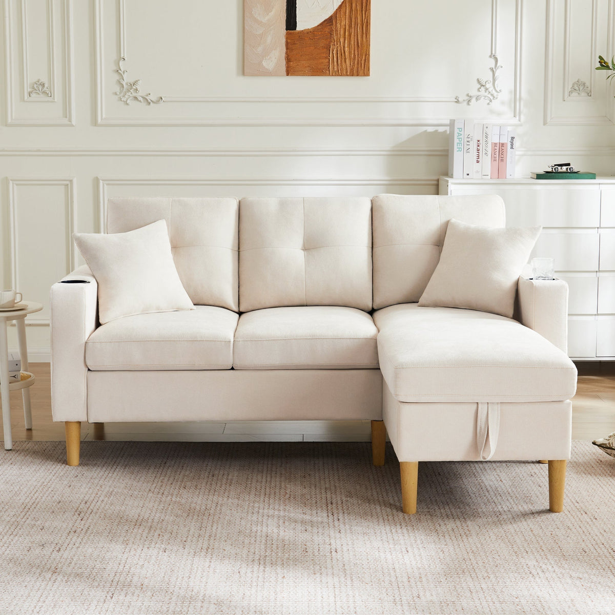 L-shaped modern sofa, 3-seater with chaise longue, storage, cup holder, 2 pillows