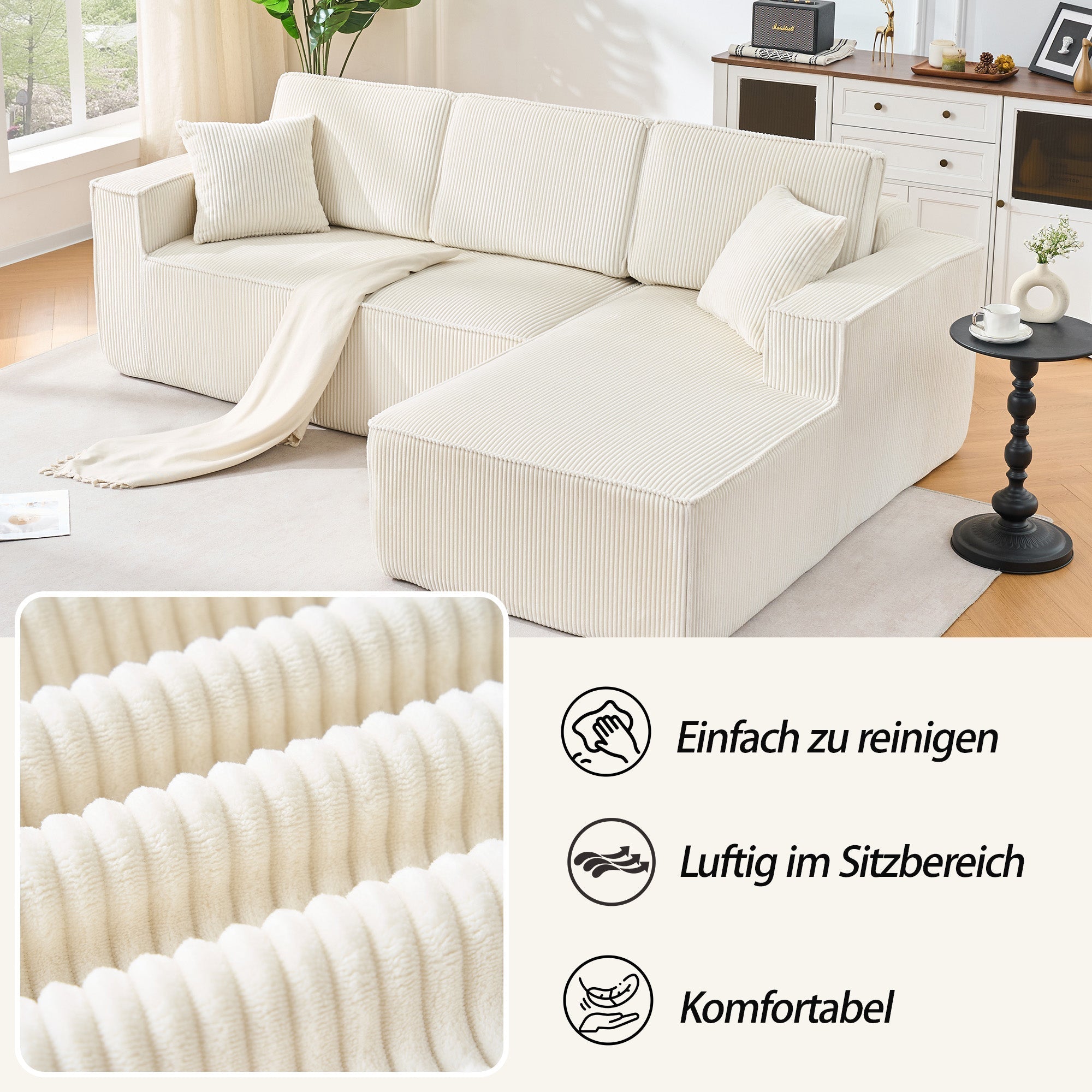 Modular L-shaped Corner Sofa 2-Seater Chaise Longue Corduroy Beige