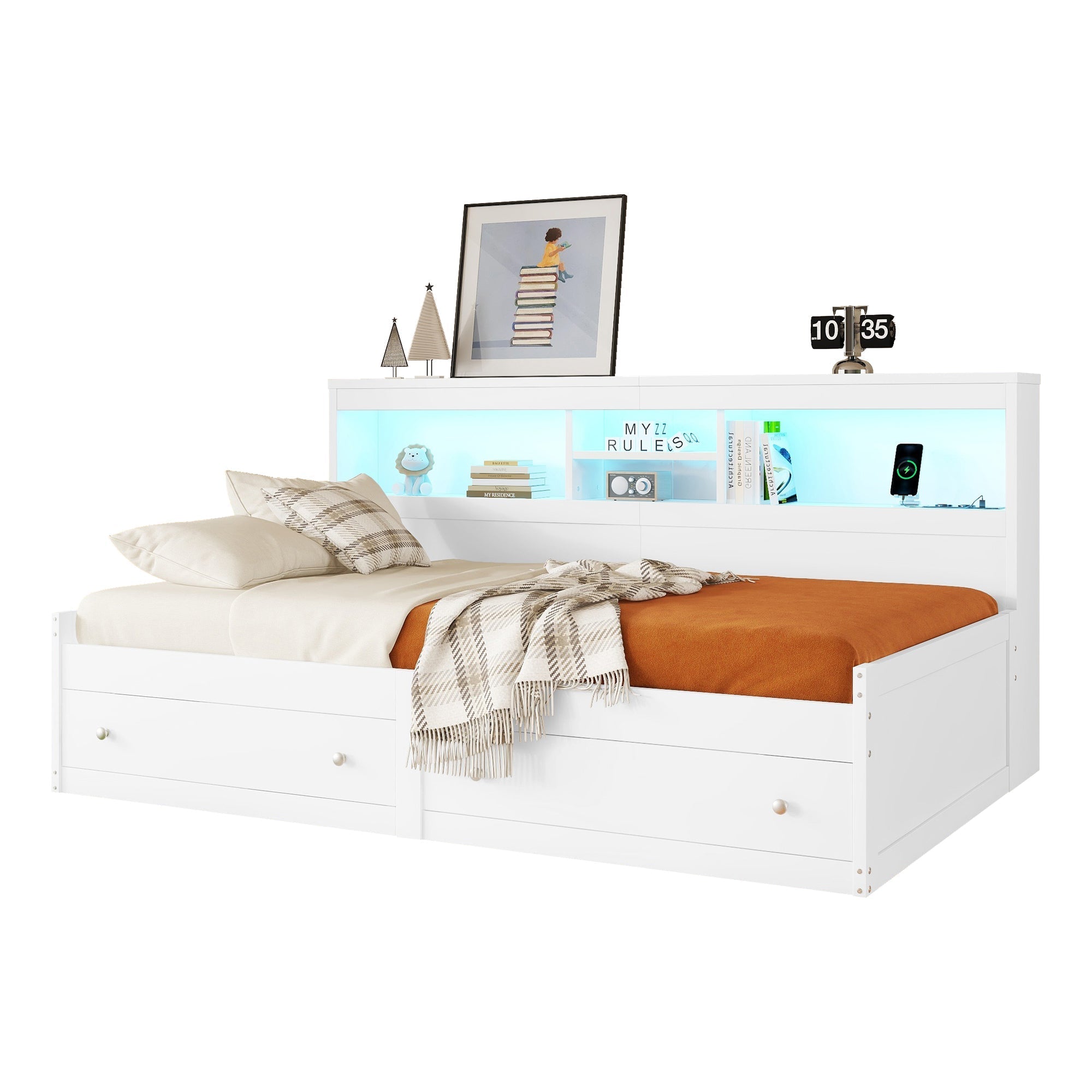 Daybed Sofa Bed 90x200cm Storage Drawers LED USB Charging - White Chipboard