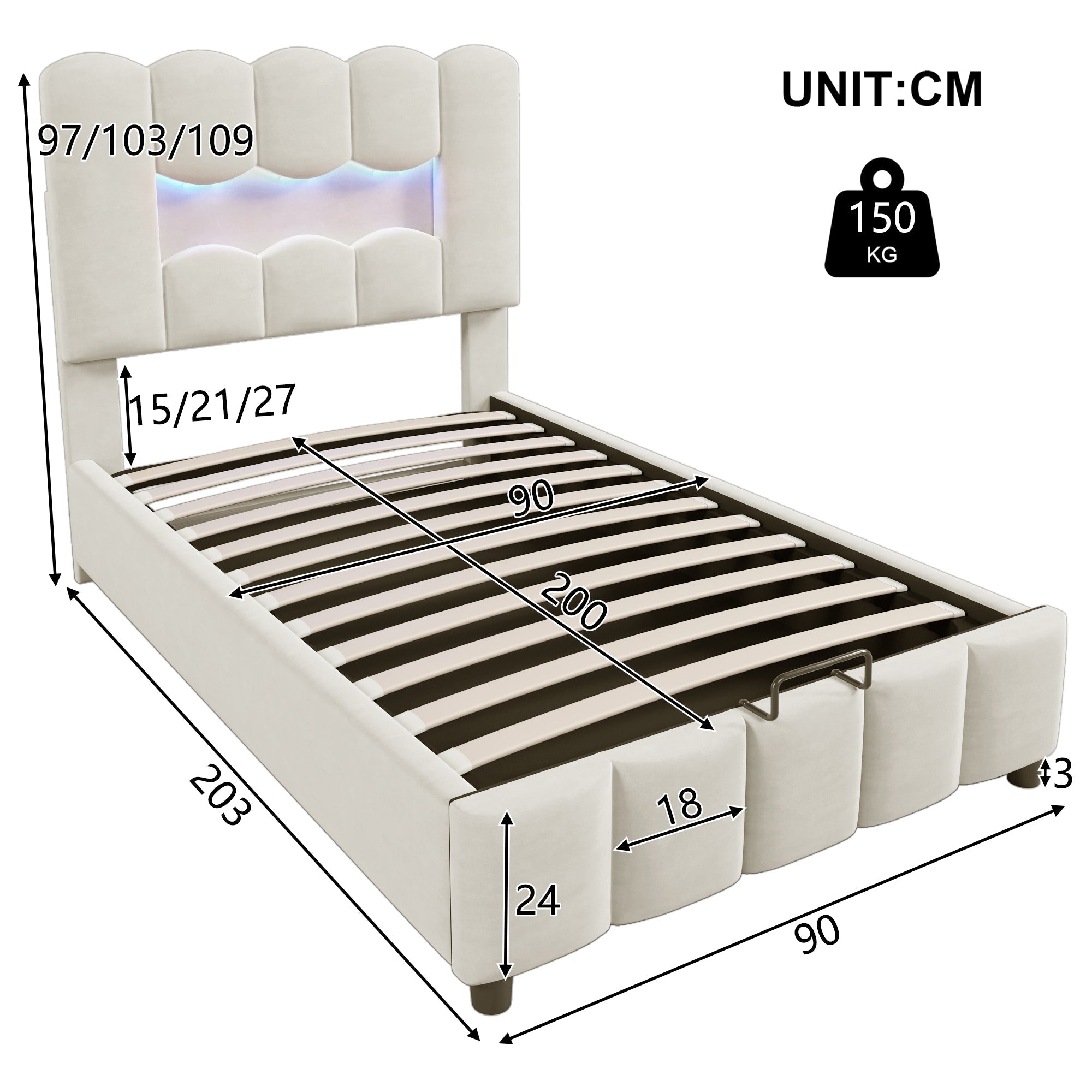 Upholstered Bed 90x200cm Hydraulic LED Adjustable Headboard Beige Velvet