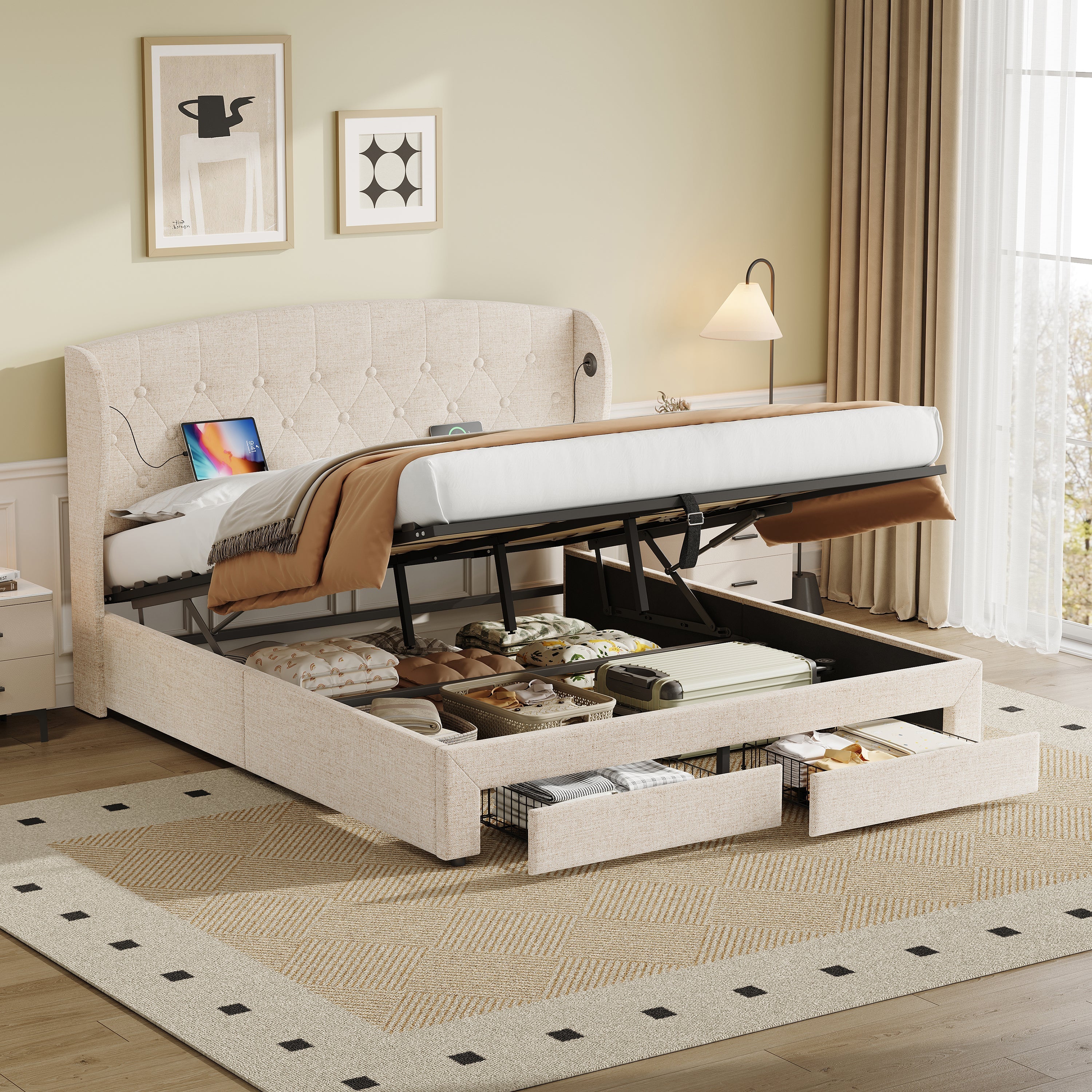 Double Upholstered Bed with Hydraulic and Drawers Storage, Charging Station, Linen, Beige