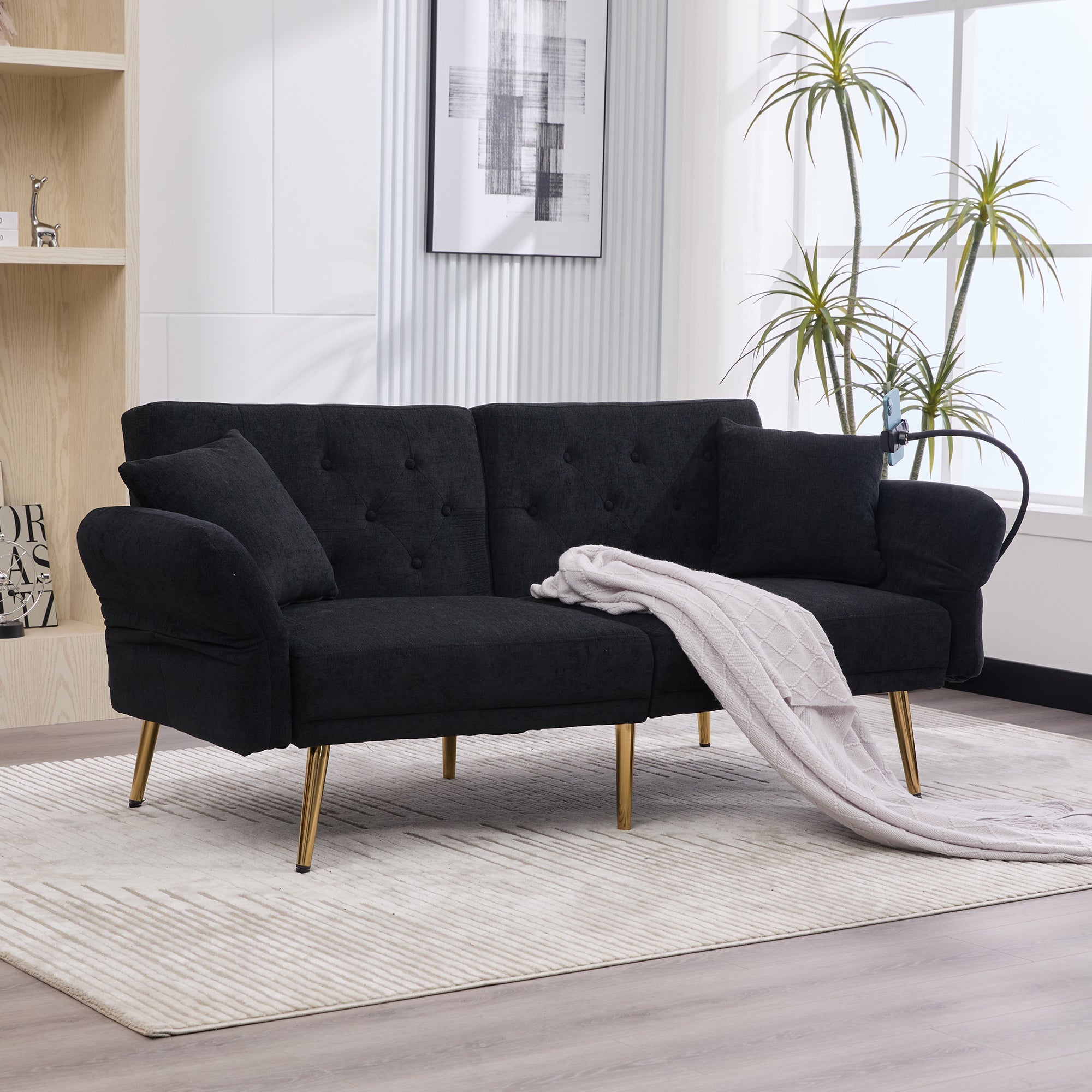Sofa Bed, Multifunctional with USB & Holder, Metal Legs