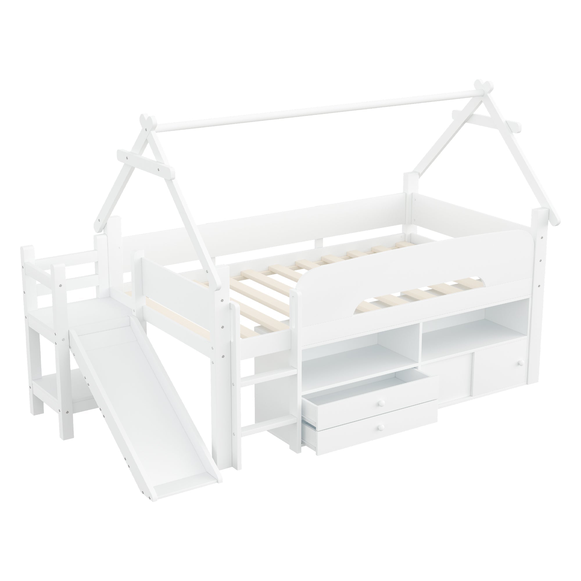 Children's Loft Bed with Roof Frame, Slide, and Storage, White Solid Wood