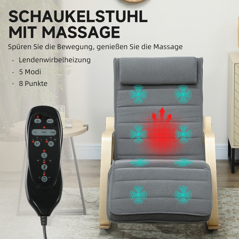 Rocking Chair, Massage, Lumbar Heating, Grey Fabric