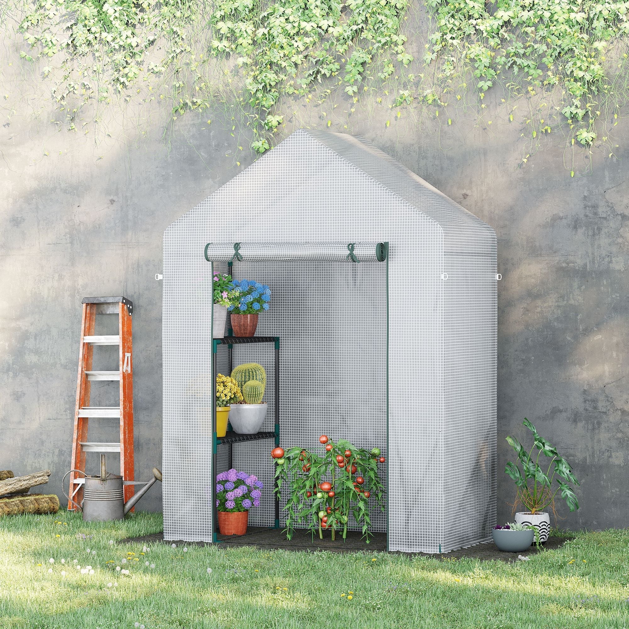 Walk In Greenhouse, Portable 2 Tier Shelf Reinforced PE Cover, White
