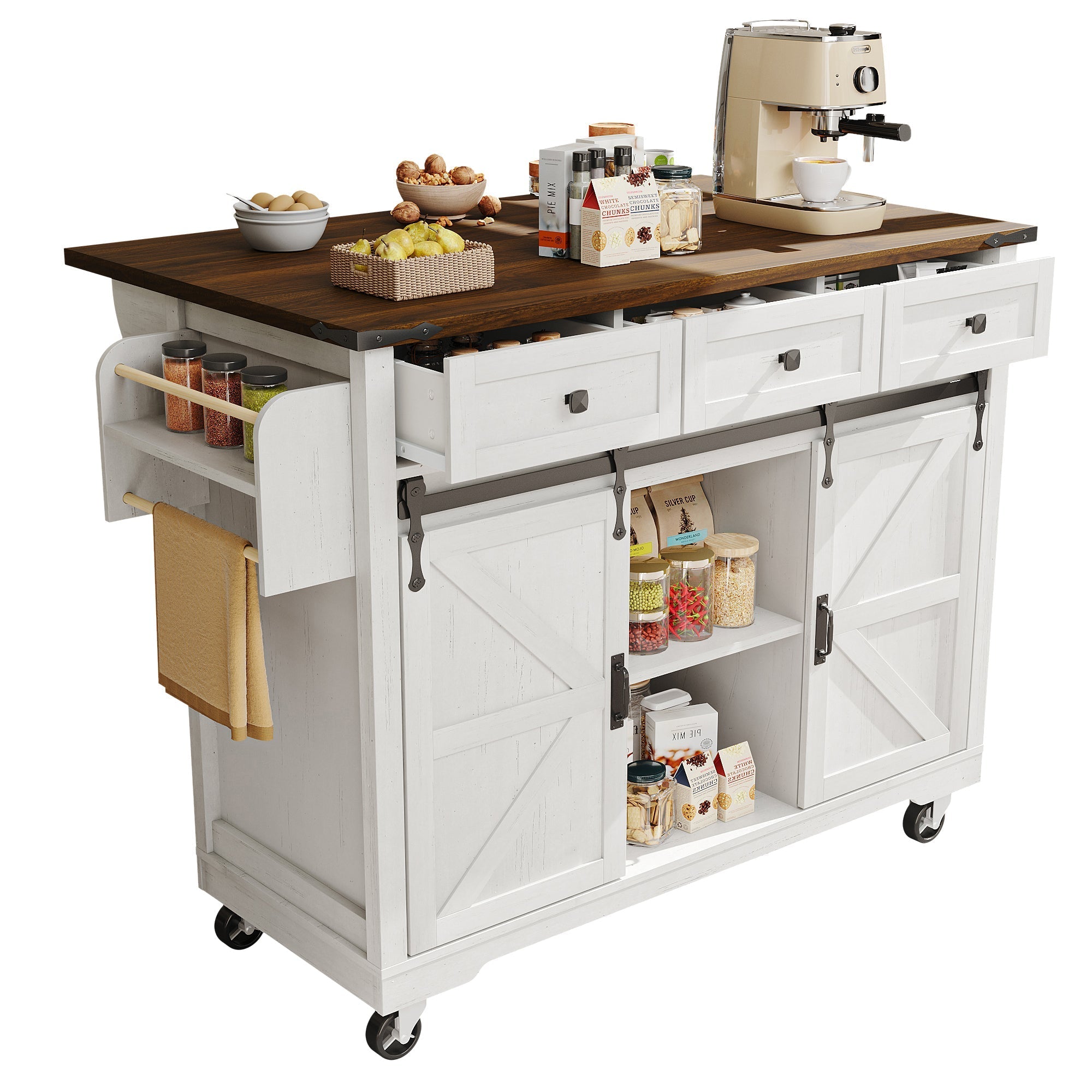 Kitchen Island Serving Cart with Extendable Worktop and 3 Drawers, Wood Grain