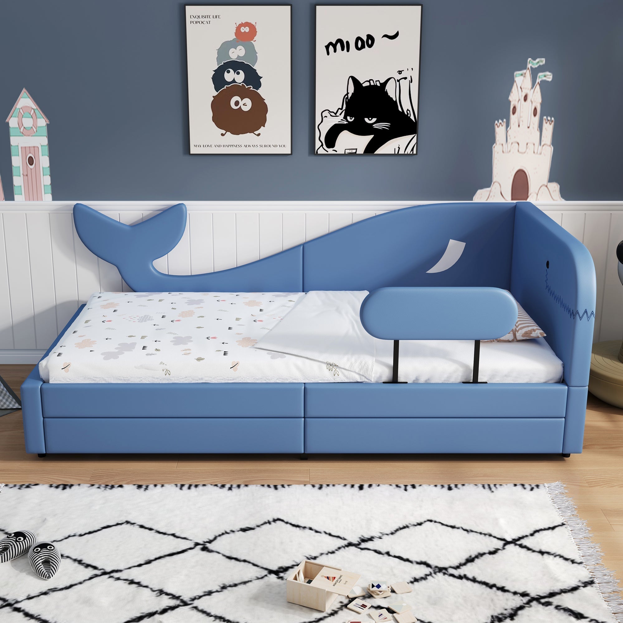 Children's Splicing Bed, Upholstered Daybed with 2 Drawers, Blue