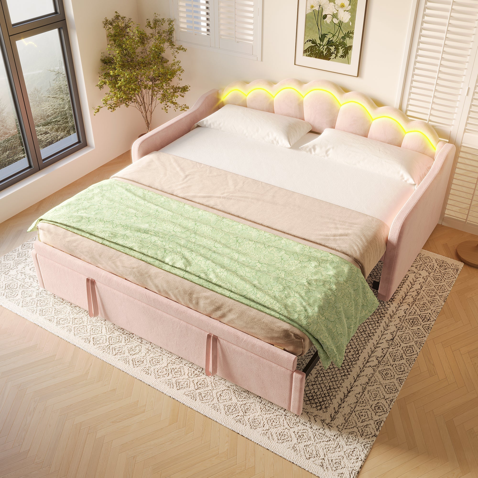 Daybed Sofa Bed Pull-out Bed LED Strip 90/180x200cm - Velvet Pink