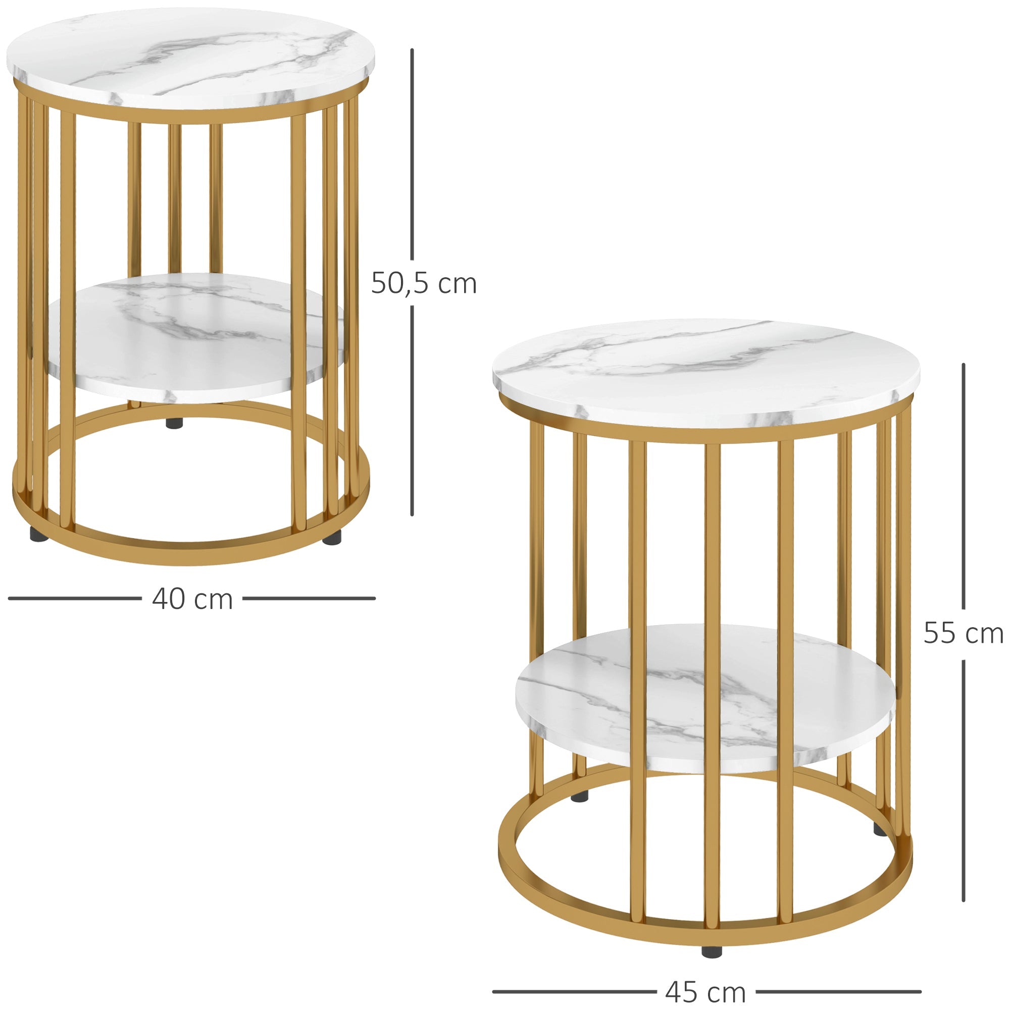 Round coffee table set of 2, side table with shelf, steel frame, white