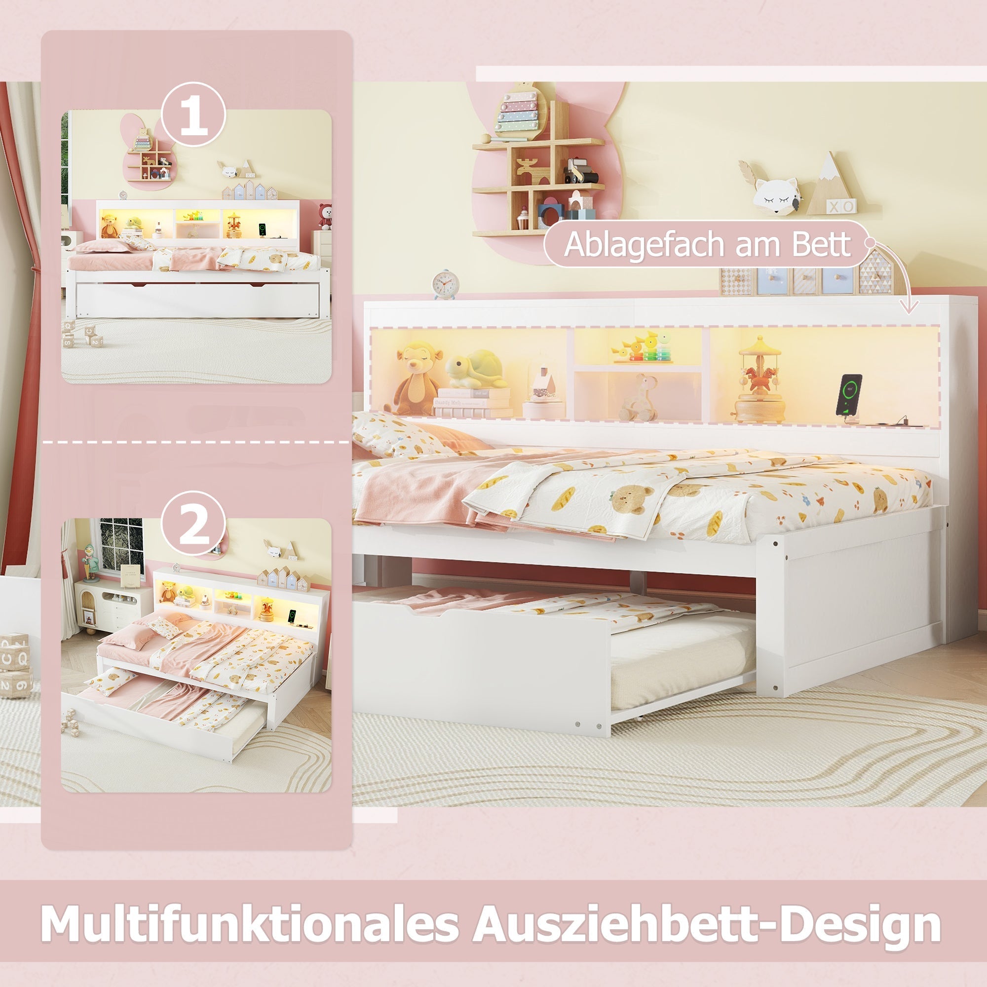 Daybed Sofa Bed 90x200cm Pull-out LED Storage USB/Power - White