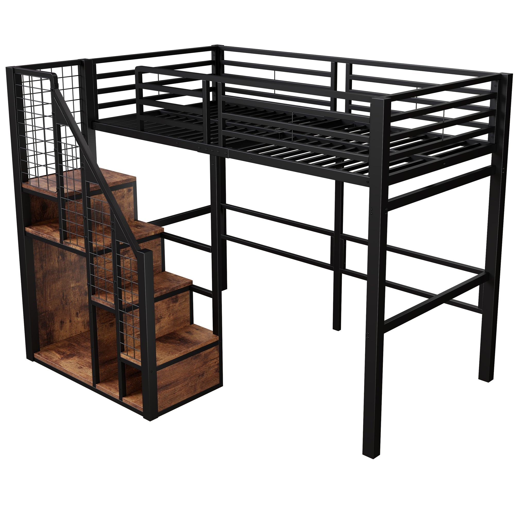 Bunk Bed 90x200cm Iron Frame with Storage Area Safety Ladder Black