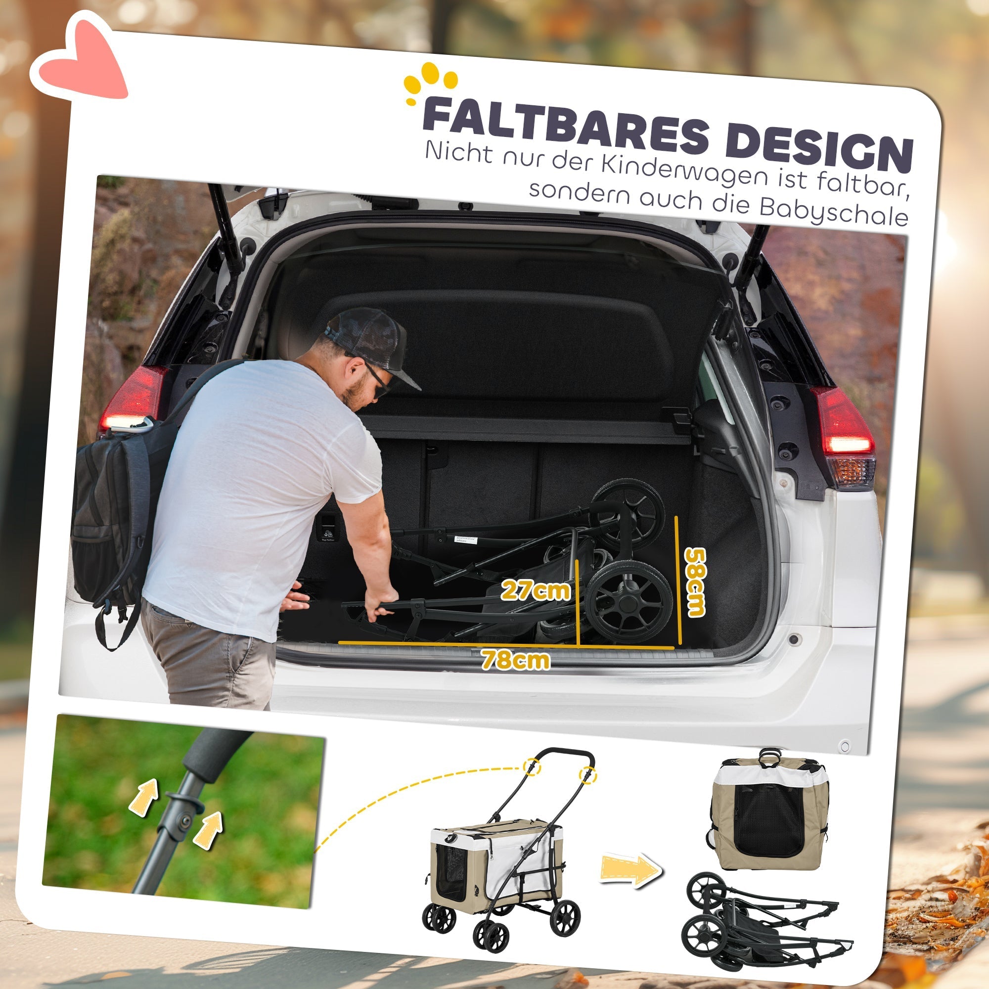 Faltbarer Tierkinderwagen, Abnehmbare Tasche, 4 Räder, Khaki 600D Oxford-Gewebe